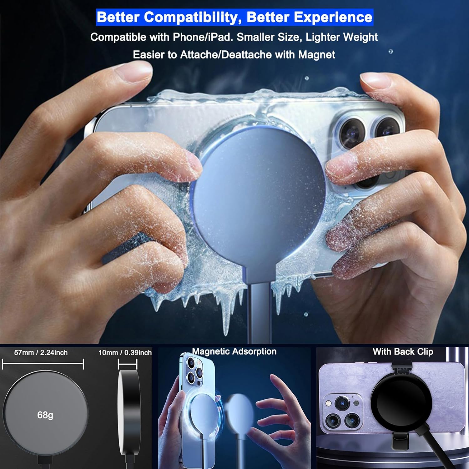 Phone Cooler for Gaming, Live Streaming, 50W Magnetic Cell Phone Cooler with Low Noise Liquid Cooling Radiator for iPhone MagSafe Series/Android/iPad/Tablet, with RGB Cooling Fan (Gray) - Image 5