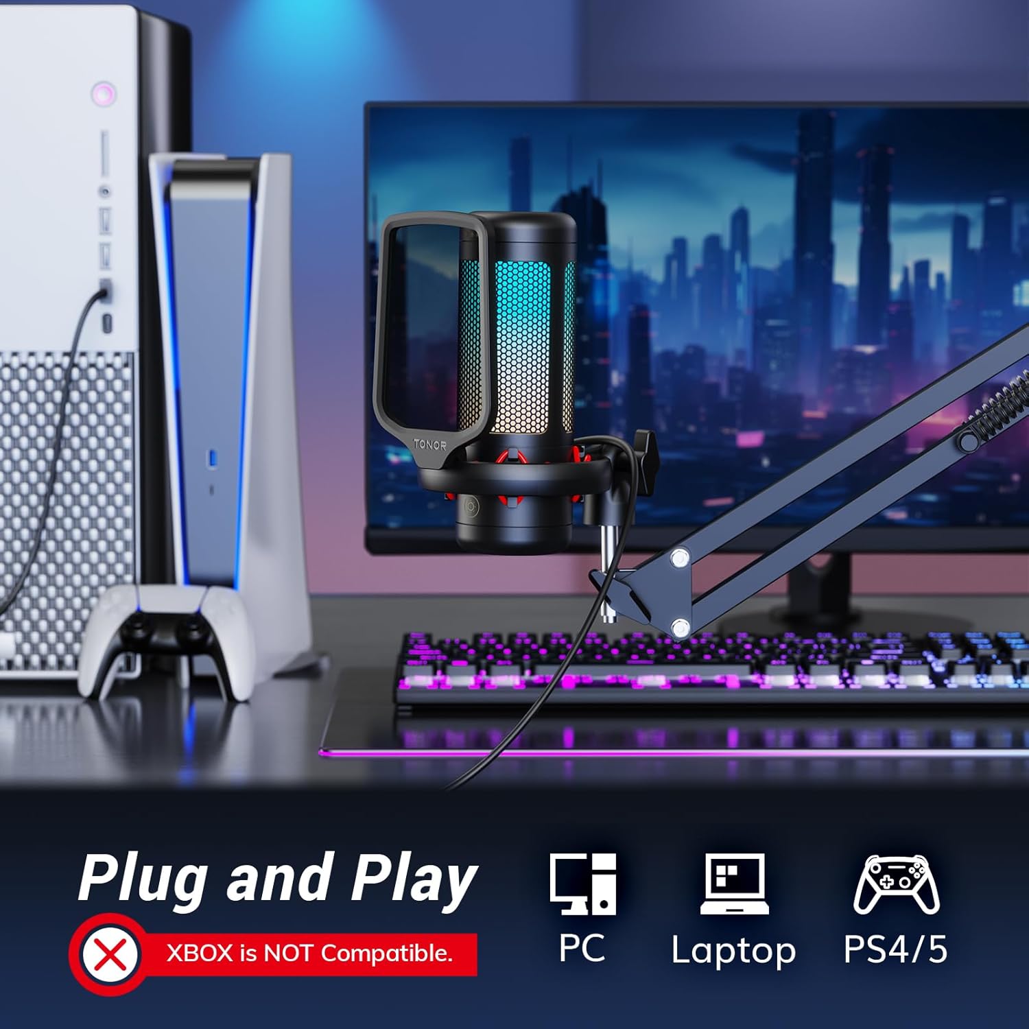 TONOR Gaming Microphone Set with Boom Arm, Vocal Condenser Microphone for PC with Stand, USB Mic with controllable RGB Light, One Tap Mute, Volume Control, for Discord, Twitch Streaming, TC310+ - Image 7
