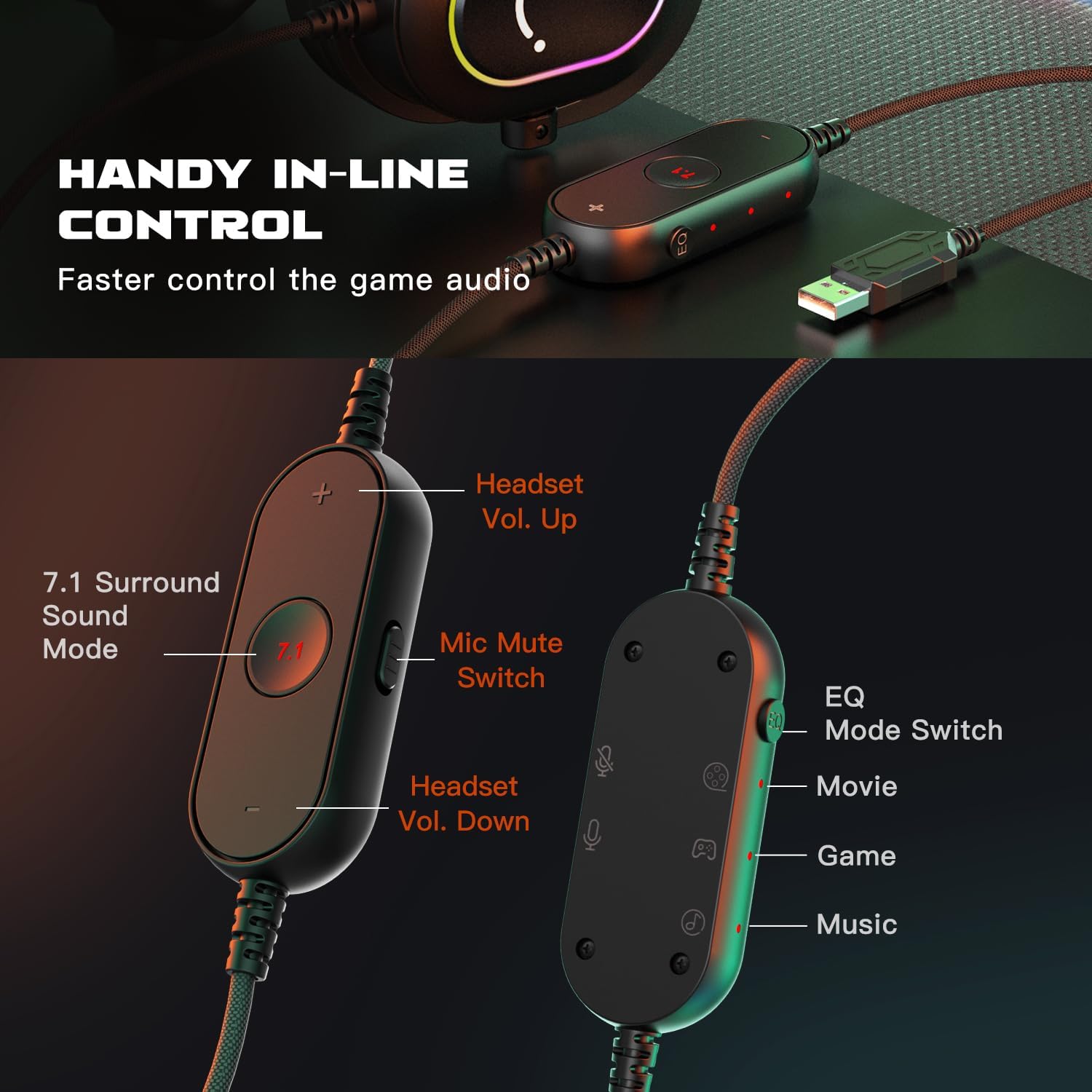 FIFINE Gaming Headset for PC-Wired Headphones with Microphone-7.1 Surround Sound Computer USB Headset for Laptop, Streaming Headphones on PS4/PS5, with EQ Mode, RGB, Soft Ear Pads - AmpliGame H6 - Image 3
