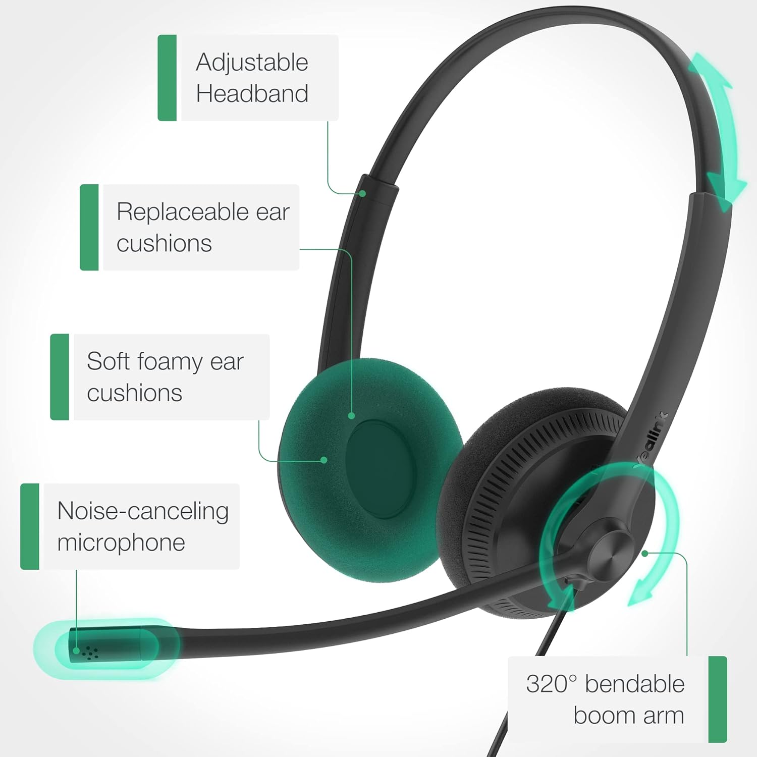 Yealink UH34 USB Headset with Mic,Stereo Wired Headphones with Noise Cancelling Microphone,Professional Work Headset VoIP Phone PC Computer Call Center Office(Ultra Light) - Image 8