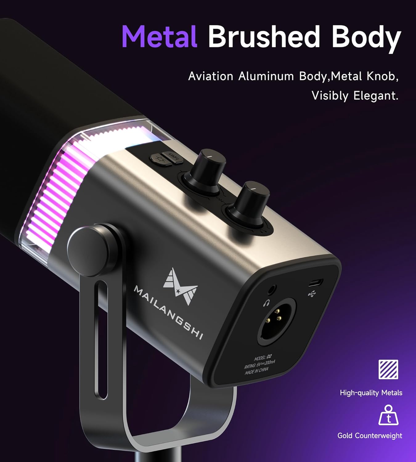 MAILANGSHI 192KHz/32bit Dynamic Podcast Microphone for PC, USB & XLR Mic with RGB Lighting, Desktop Stand, Mute Button, All-Metal Body, Gain & Volume Control, Gaming Microphone for Livestreaming - Image 6