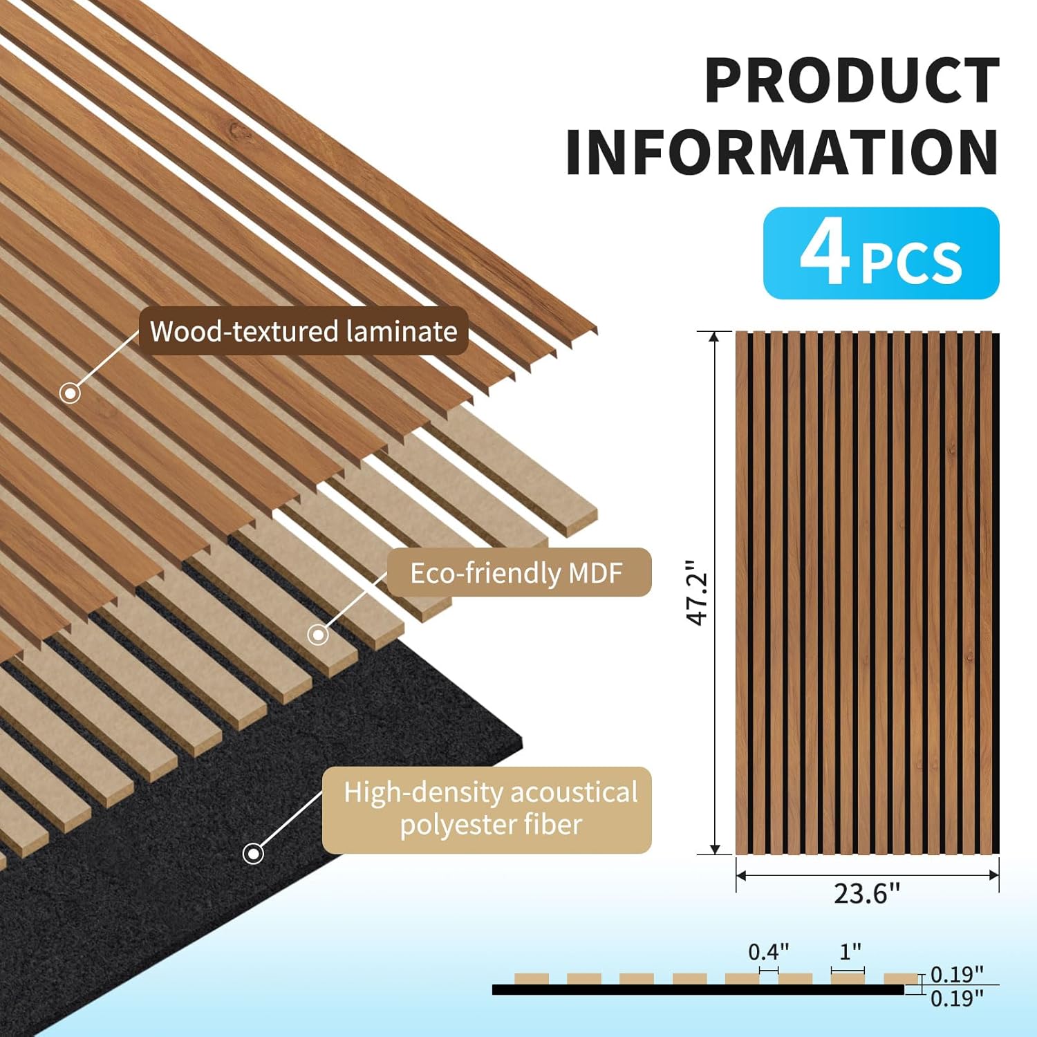 Art3d 4-Pack 47x23.6 Inch Acoustic Panels with Wood Slat Design - Soundproof Wall Panel for Office, Gaming Room & Studio, Ideal for Streamers, Home Workers & Recent Movers, Walnut - Image 5