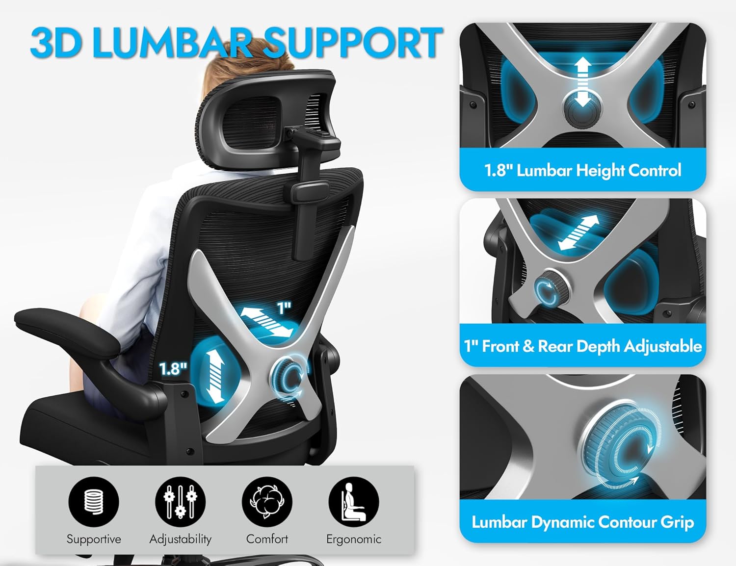 Ergalithic Ergonomic Office Chair - X-Shaped Computer Desk Chair Comfy, Gaming Chair, Office Chair with Lumbar Support, Mesh Office Chairs with Headrests, Desk Chair for Long Hours (Black Silver) - Image 3