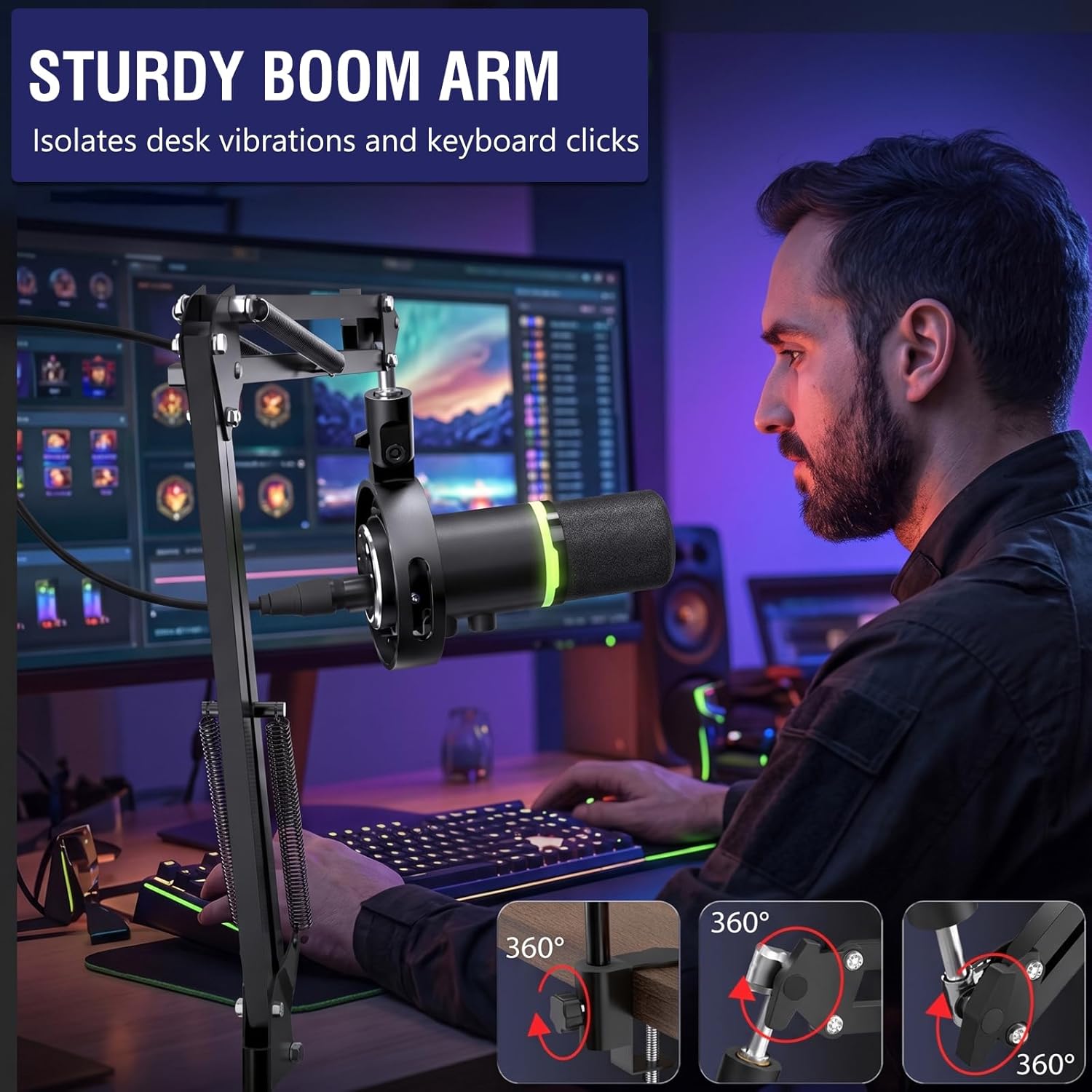 Gaming Microphone Kit for Streaming & Podcast, Dynamic RGB PC Mic with USB/XLR Cable, Boom Arm Stand, Mute Button, Headphone Jack, Ideal for Vocals, Voice-Over & Zoom Calls/Teams Meetings. - Image 5