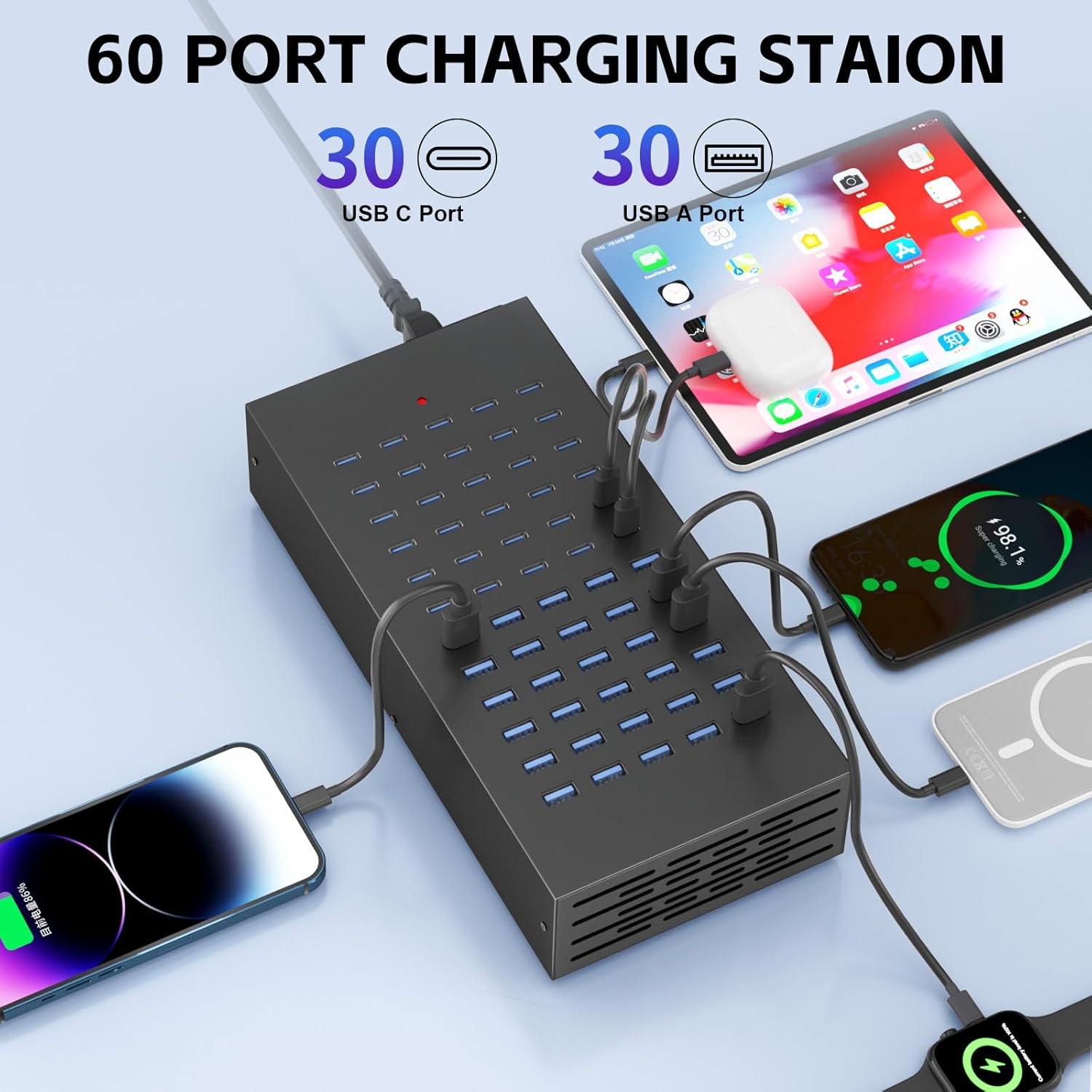 400W USB Charging Station, 60 Port USB C Charging Station for Multiple Device, Multi USB Desktop Charger Station with Smart IC Protection, Suitable for Home, Office, Hotels, Schools - Image 2