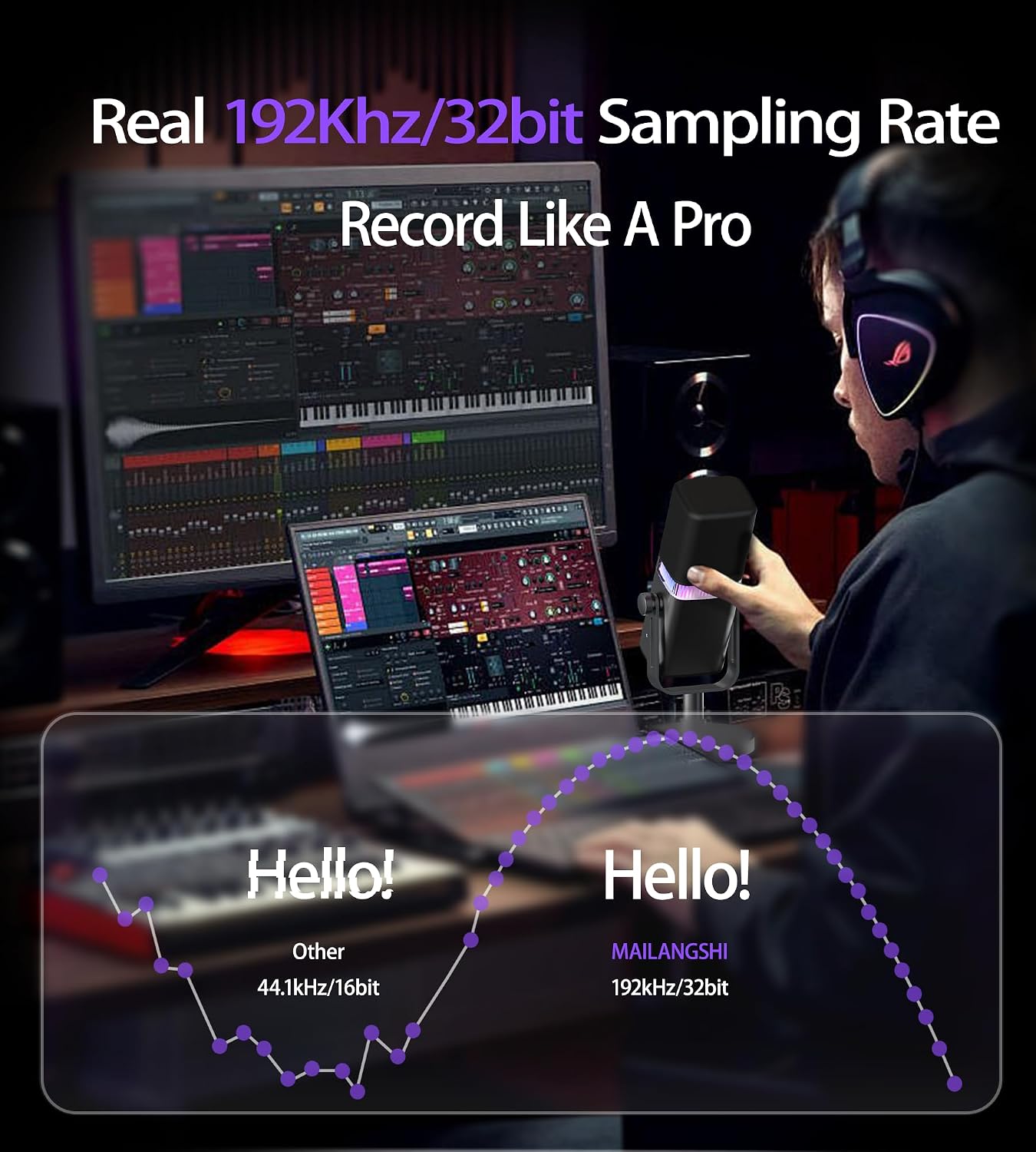 MAILANGSHI 192KHz/32bit Dynamic Podcast Microphone for PC, USB & XLR Mic with RGB Lighting, Desktop Stand, Mute Button, All-Metal Body, Gain & Volume Control, Gaming Microphone for Livestreaming - Image 2