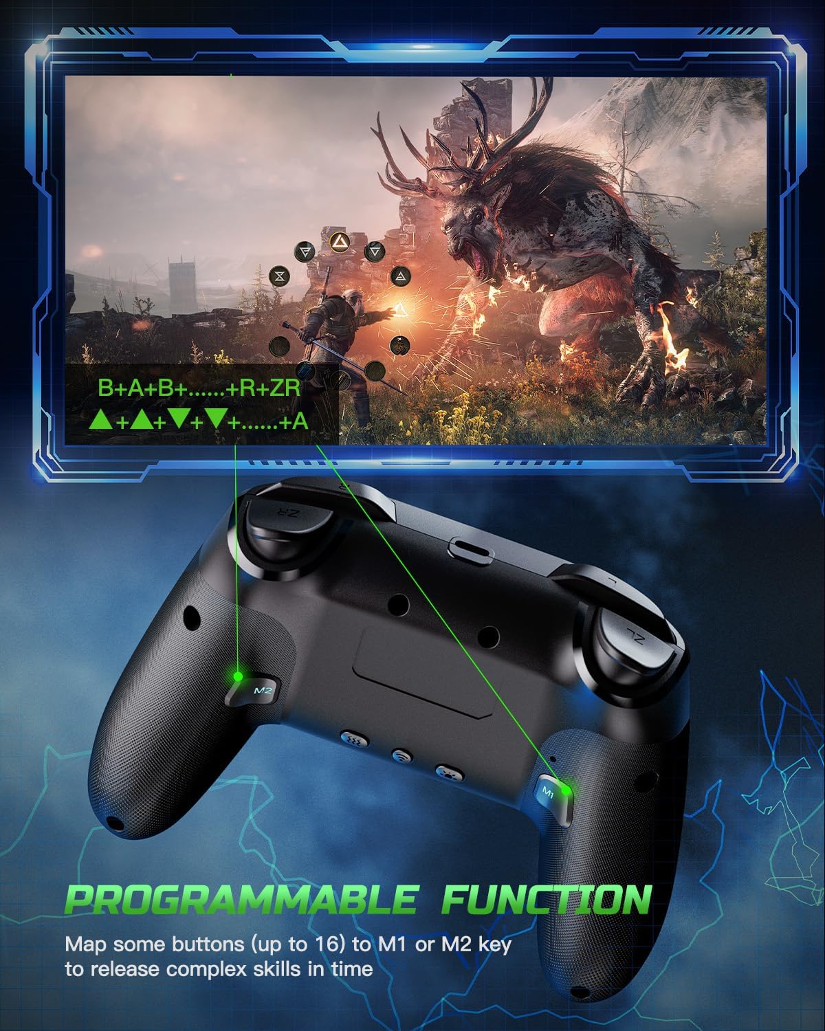 VOYEE Switch Controllers Compatible with Switch/Lite/OLED/PC Windows, 1000mAh Programmable RGB Lightning LED, Wireless Pro Controller with One Key Pairing/Wake Up/Turbo/Vibration - Image 3