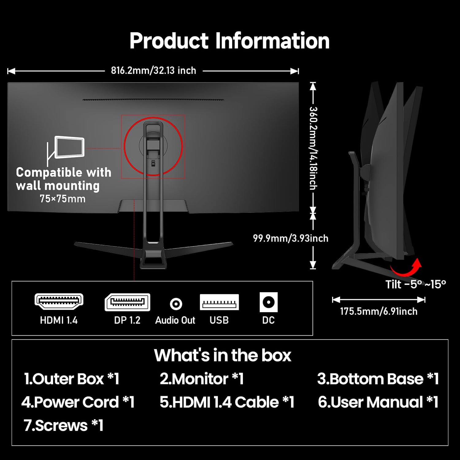 Gawfolk Gaming Monitor 34 inch IPS 120Hz, Ultrawide PC Screen 2560×1080P Ultra-Thin Zero Frame Computer Display for Home Office Business, DP, HDMI, Wall-Mounted, Black - Image 6