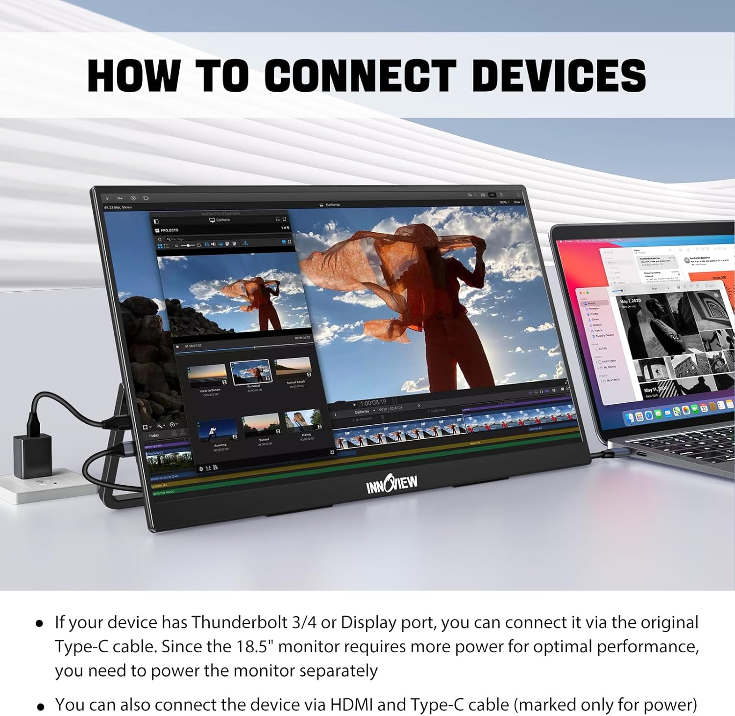 InnoView Portable Monitor 18.5 inch 100HZ 120% sRGB, 1080P FHD IPS Large Portable Monitors for Laptop USB C HDMI HDR Travel Monitor with Kickstand Mac PC Xbox PS4/5 Switch - Image 2