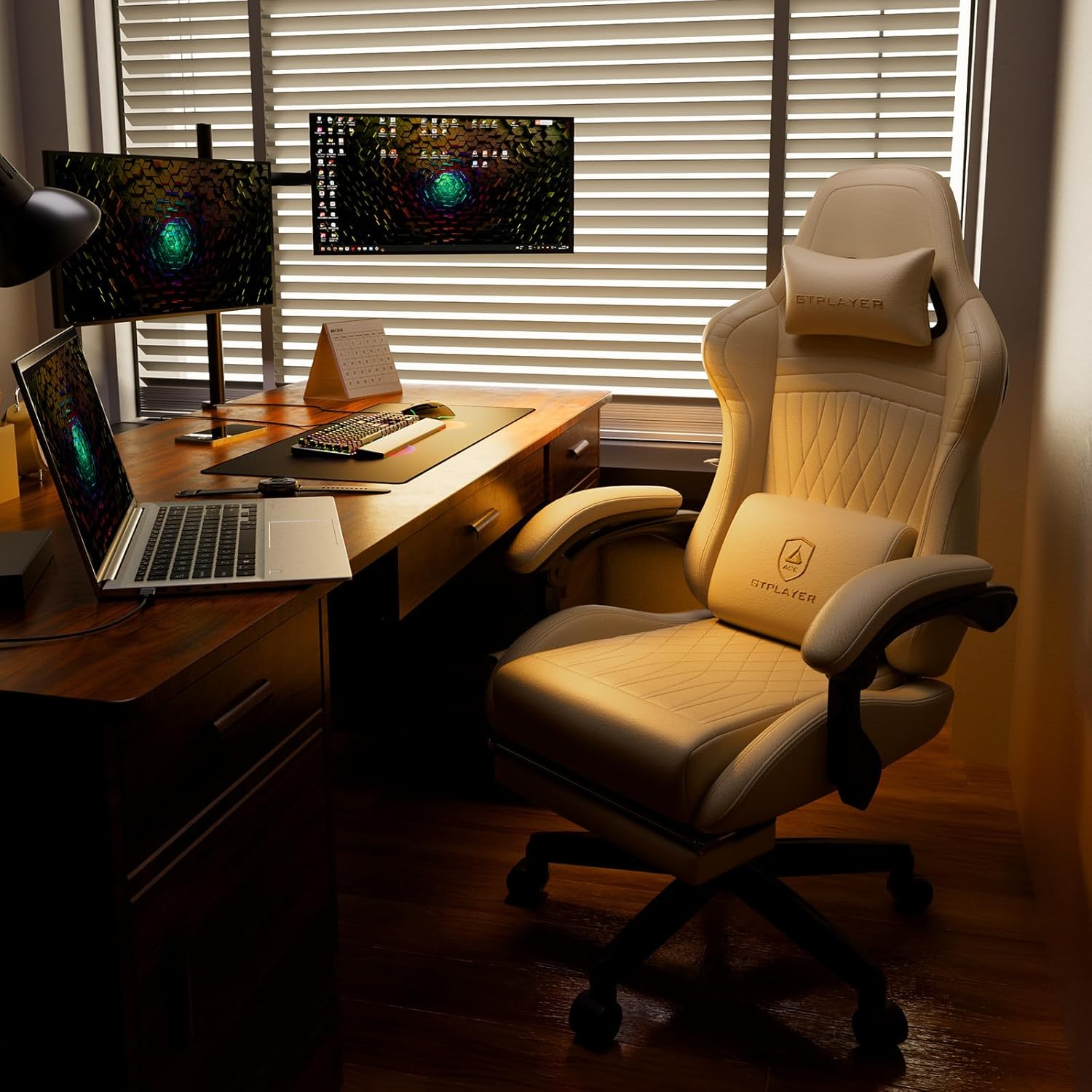 GTPLAYER ACE-PRO Music Gaming Chairs – Built-in Speakers, App Support & Bluetooth Control, Computer Game Chairs with Footrest for Adults, Ergonomic Reclining Silla, Linkage Armrest, Cream - Image 2