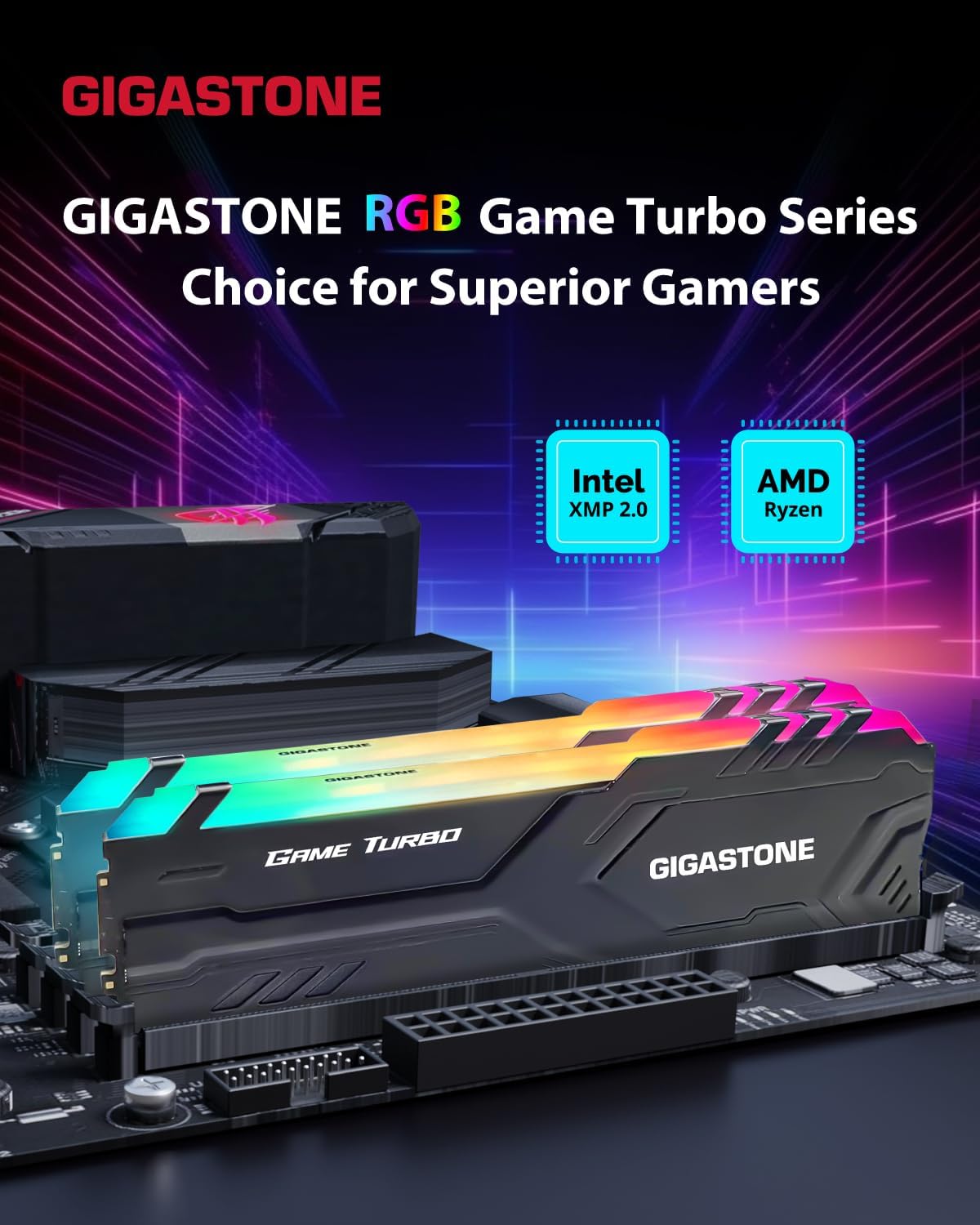 【RGB DDR4 RAM】GIGASTONE Game TURBO 32GB Kit (2x16GB)DDR4 3200MHz PC4-25600 CL16-18-18-40 Intel XMP 2.0 AMD Ryzen 1.35V UDIMM 288 Pin Unbuffered Non ECC High Performance Gaming Desktop Memory - Black - Image 2