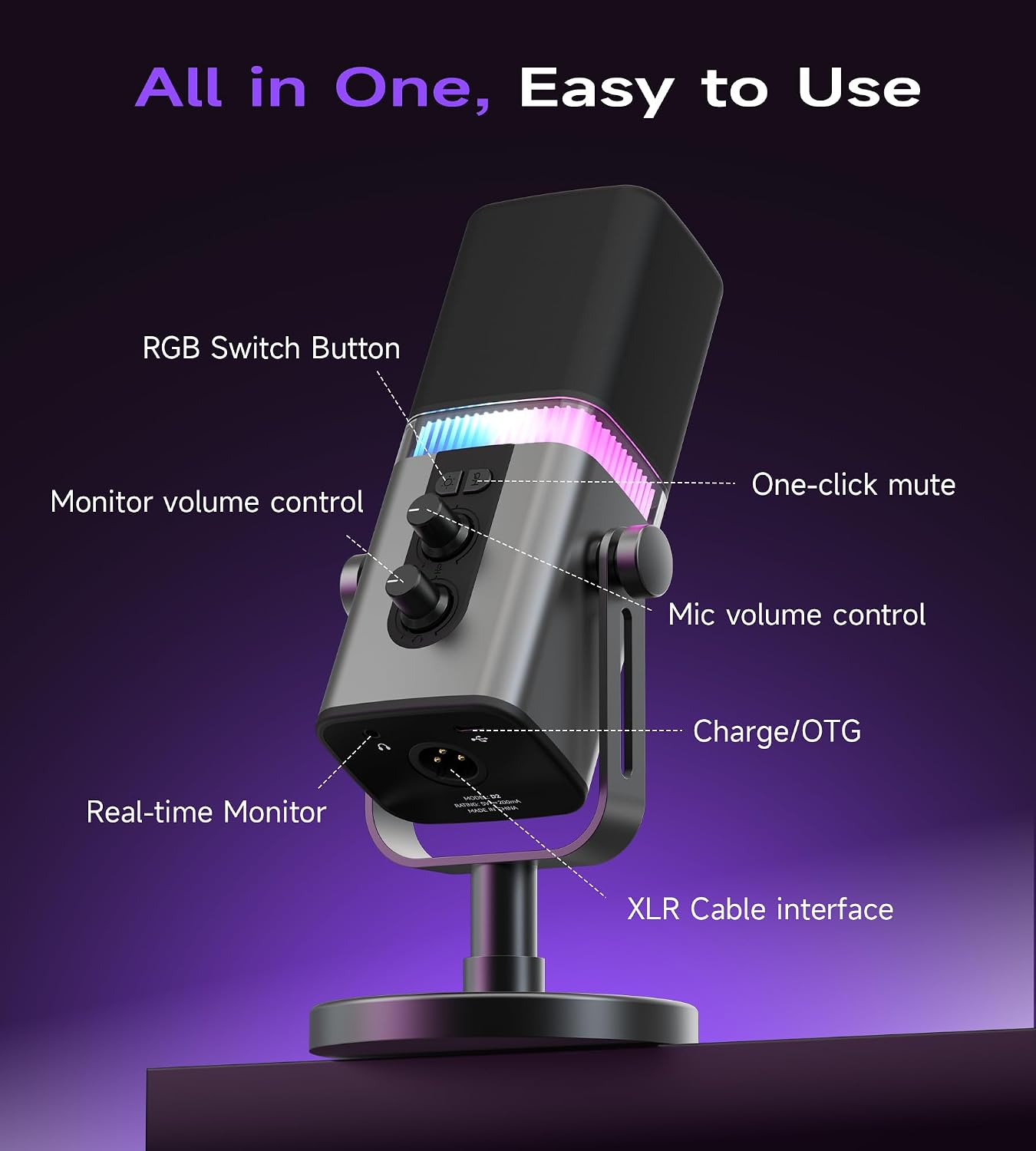 MAILANGSHI 192KHz/32bit Dynamic Podcast Microphone for PC, USB & XLR Mic with RGB Lighting, Desktop Stand, Mute Button, All-Metal Body, Gain & Volume Control, Gaming Microphone for Livestreaming - Image 5