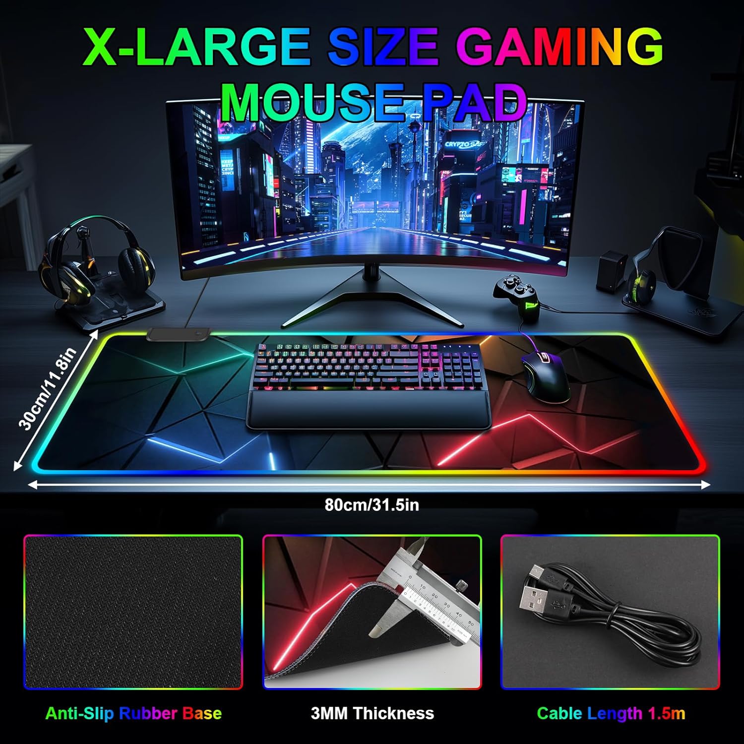 RGB Mouse Pad Desk Pad, Large Gaming Mousepad with LED Light 13 Light Modes Touch Control Extended Soft Computer Keyboard Mat Pad, Desk Mat with Non-Slip Rubber Base for MacBook & Laptop(31.5X11.8) - Image 4