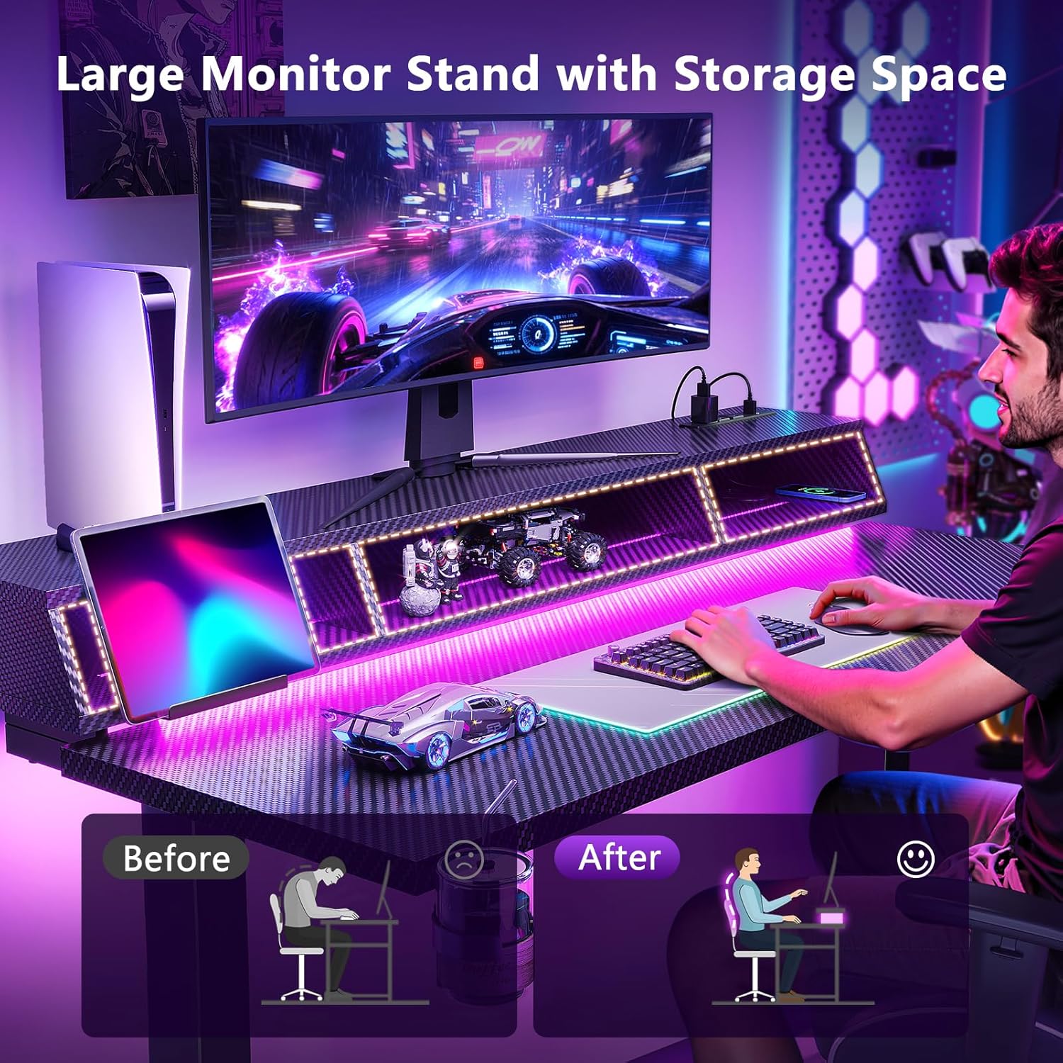 OffiGo Gaming Standing Desk with LED Light, 55 Inch Electric Height Adjustable Table with Power Outlet & Monitor Stand, Sit Stand Computer Workstation for Home, Bedroom, Black - Image 4