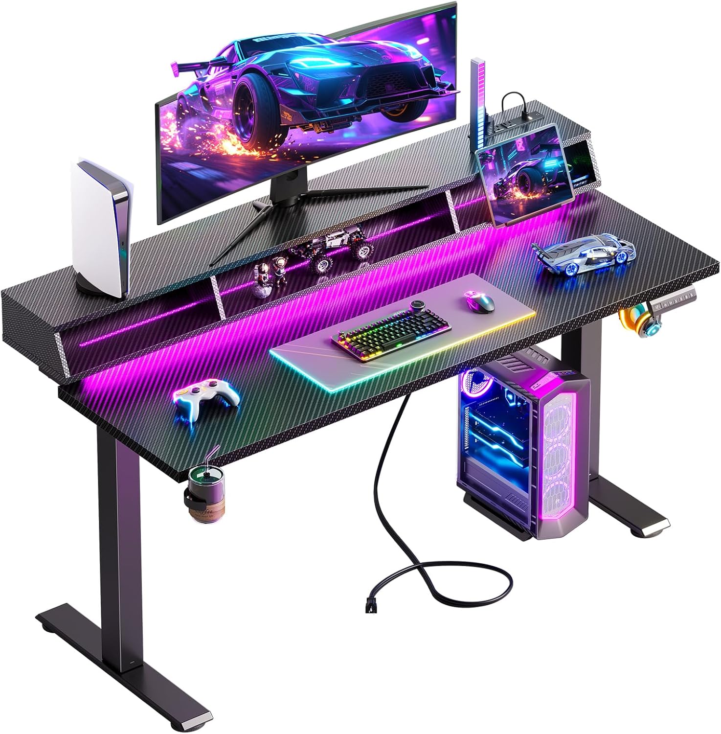 OffiGo Gaming Standing Desk with LED Light, 55 Inch Electric Height Adjustable Table with Power Outlet & Monitor Stand, Sit Stand Computer Workstation for Home, Bedroom, Black