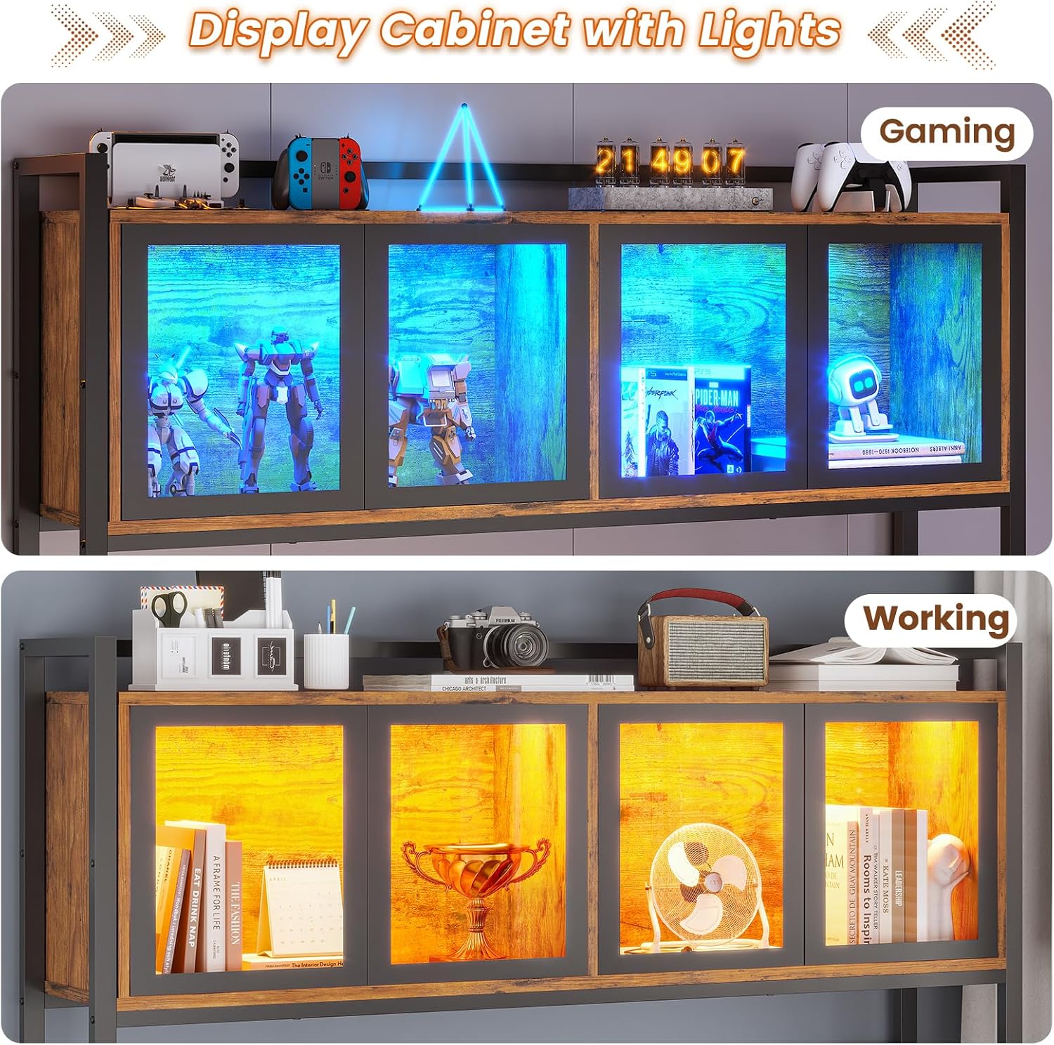 SEDETA L Shaped Gaming Desk with Drawers, L Shaped Computer Desk with Hutch and Storage Shelves, Gaming Desk with Pegboard, Led Lights, and Power Outlet, Home Office Desk, Corner Desk, Rustic Brown - Image 5
