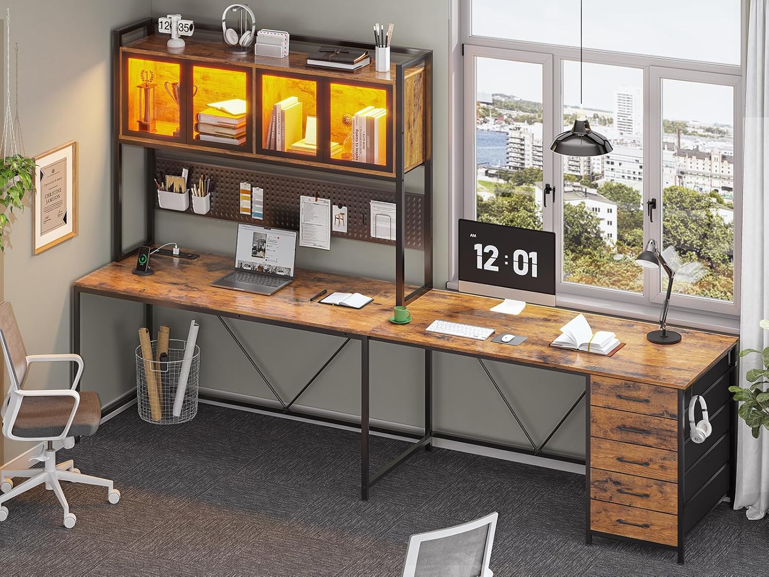 SEDETA L Shaped Gaming Desk with Drawers, L Shaped Computer Desk with Hutch and Storage Shelves, Gaming Desk with Pegboard, Led Lights, and Power Outlet, Home Office Desk, Corner Desk, Rustic Brown - Image 6