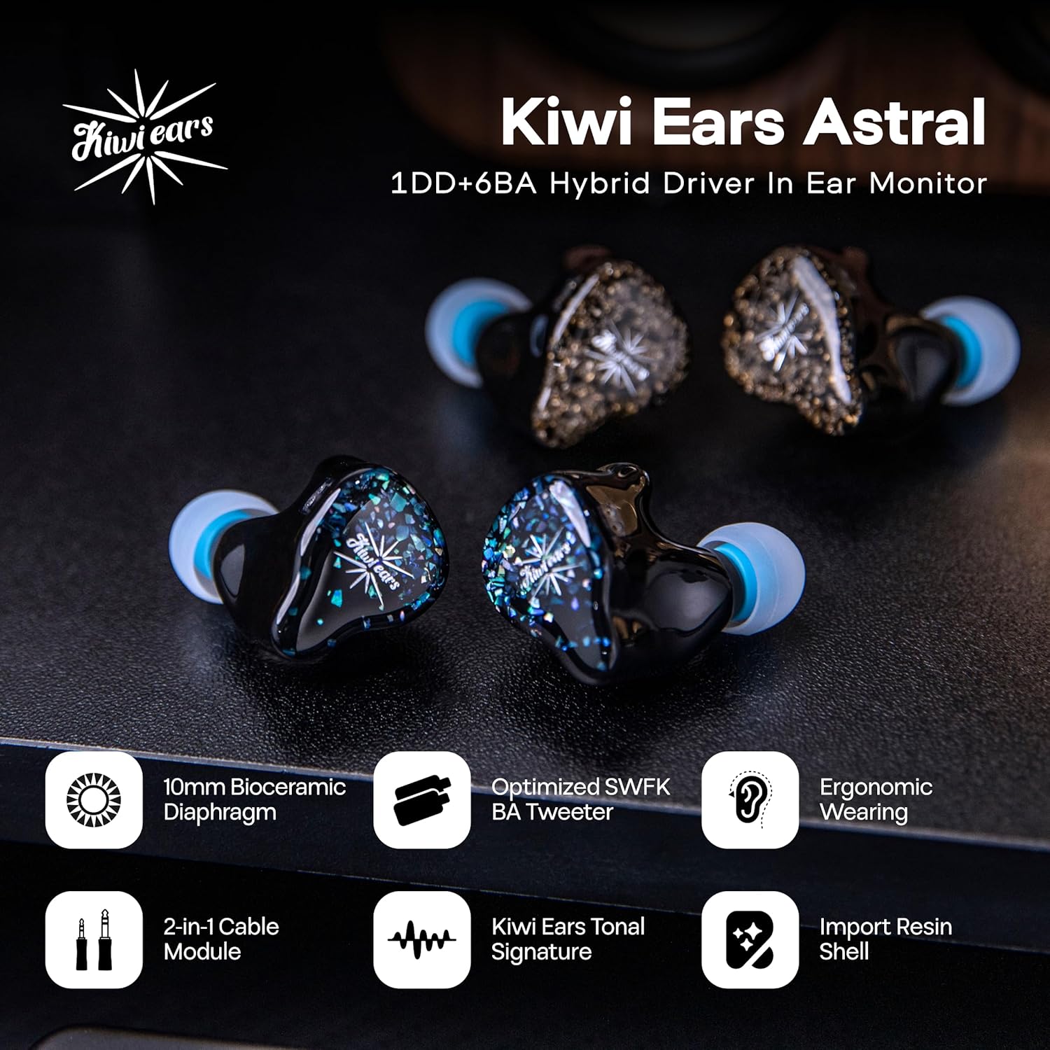 Linsoul Kiwi Ears Astral 1DD+6BA Hybrid in Ear Monitor, Wired Earbuds, HiFi Studio Recording &Mixing Earphone, Portable Gaming IEMs for Professional Music Engineers Audiophiles (Blue) - Image 2