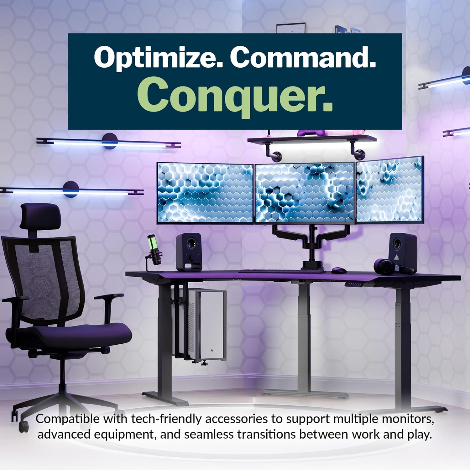 Vari Command Center Electric Standing Desk – 120° Curved Sit-Stand Gaming Desk Corner Workstation for Triple Monitors + Sloped Front Edge, 4 Height Settings, 200 lb Capacity (Black Top/Slate Legs) - Image 3
