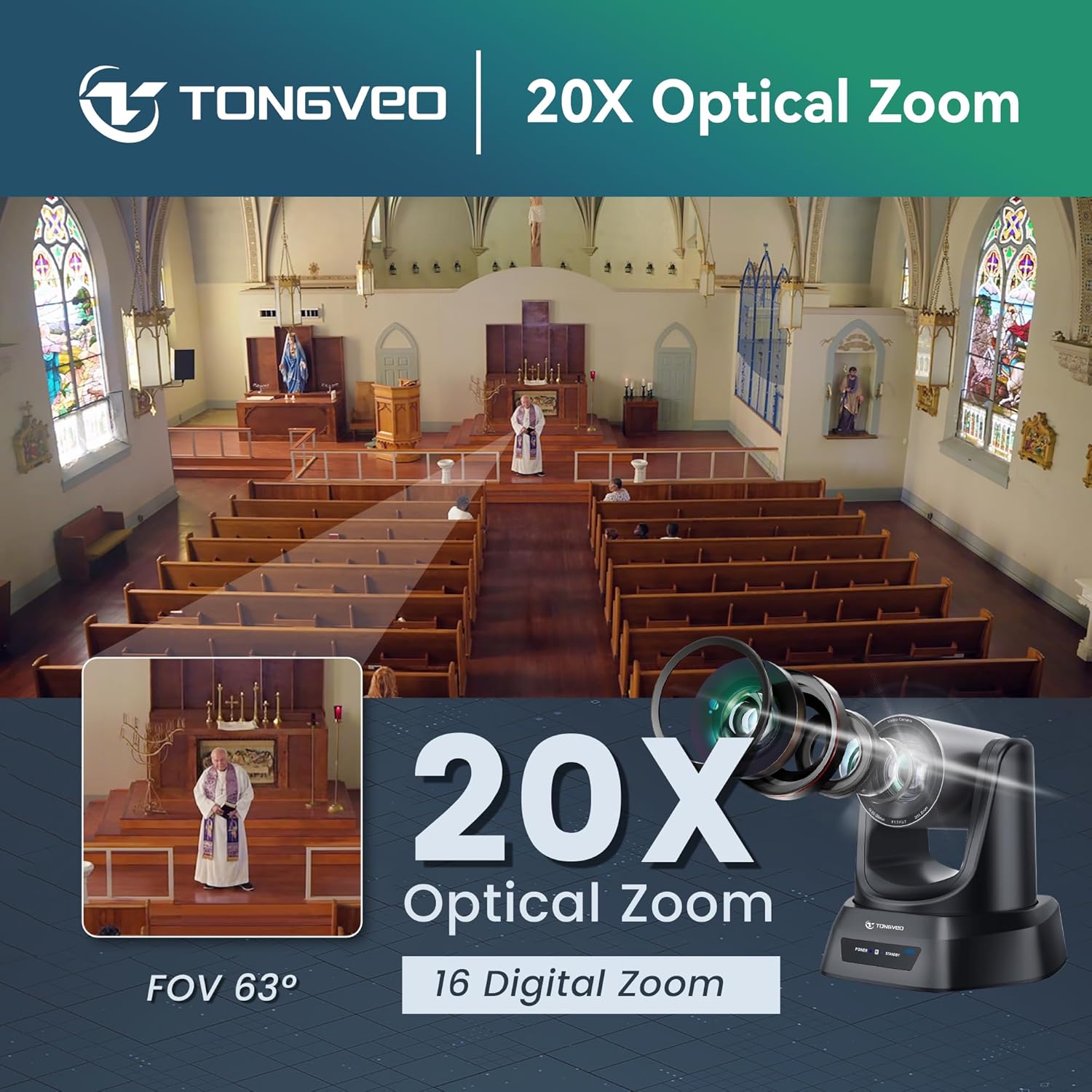 TONGVEO 4K AI PTZ Camera with Auto Tracking and 20X Optical Zoom, Conference Room Webcam with HDMI/USB3.0/LAN/PoE, Ideal for Church Worship, Zoom Meetings, Live Streaming and Education - Image 9