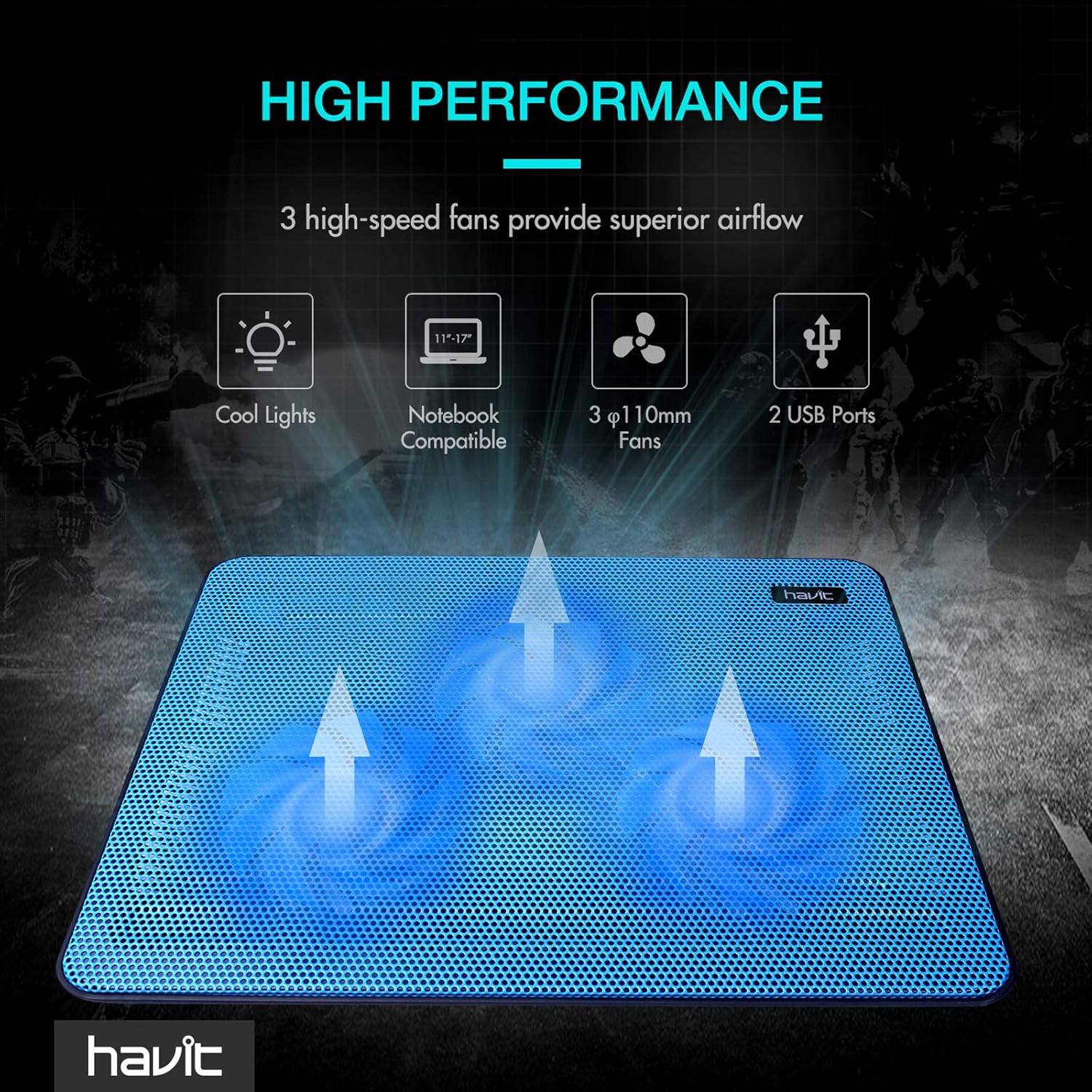 Havit HV-F2056 15.6-17 Inch Laptop Cooler Cooling Pad - Slim Portable USB Powered (3 Fans) (Blue) - Image 2