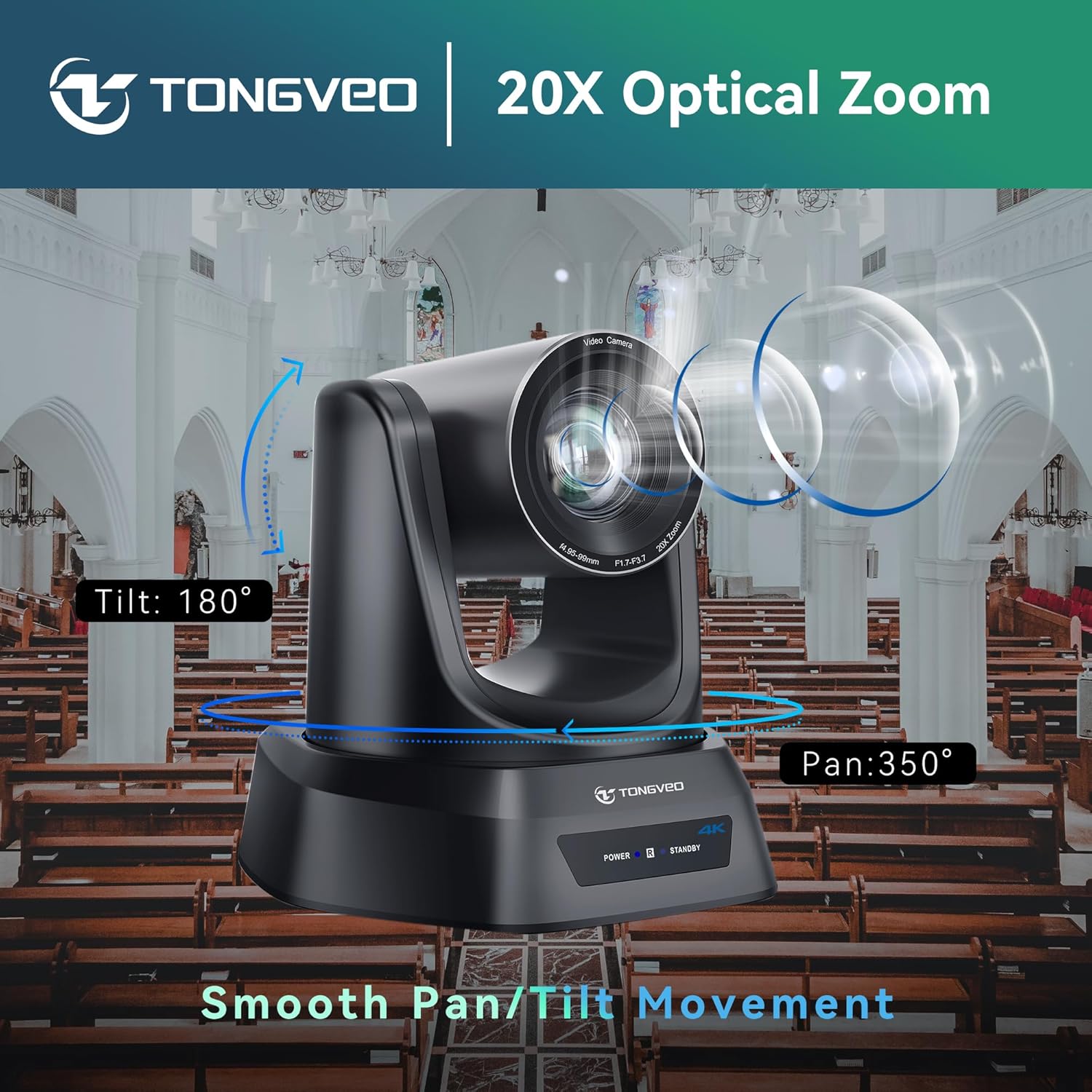 TONGVEO 4K AI PTZ Camera with Auto Tracking and 20X Optical Zoom, Conference Room Webcam with HDMI/USB3.0/LAN/PoE, Ideal for Church Worship, Zoom Meetings, Live Streaming and Education - Image 8