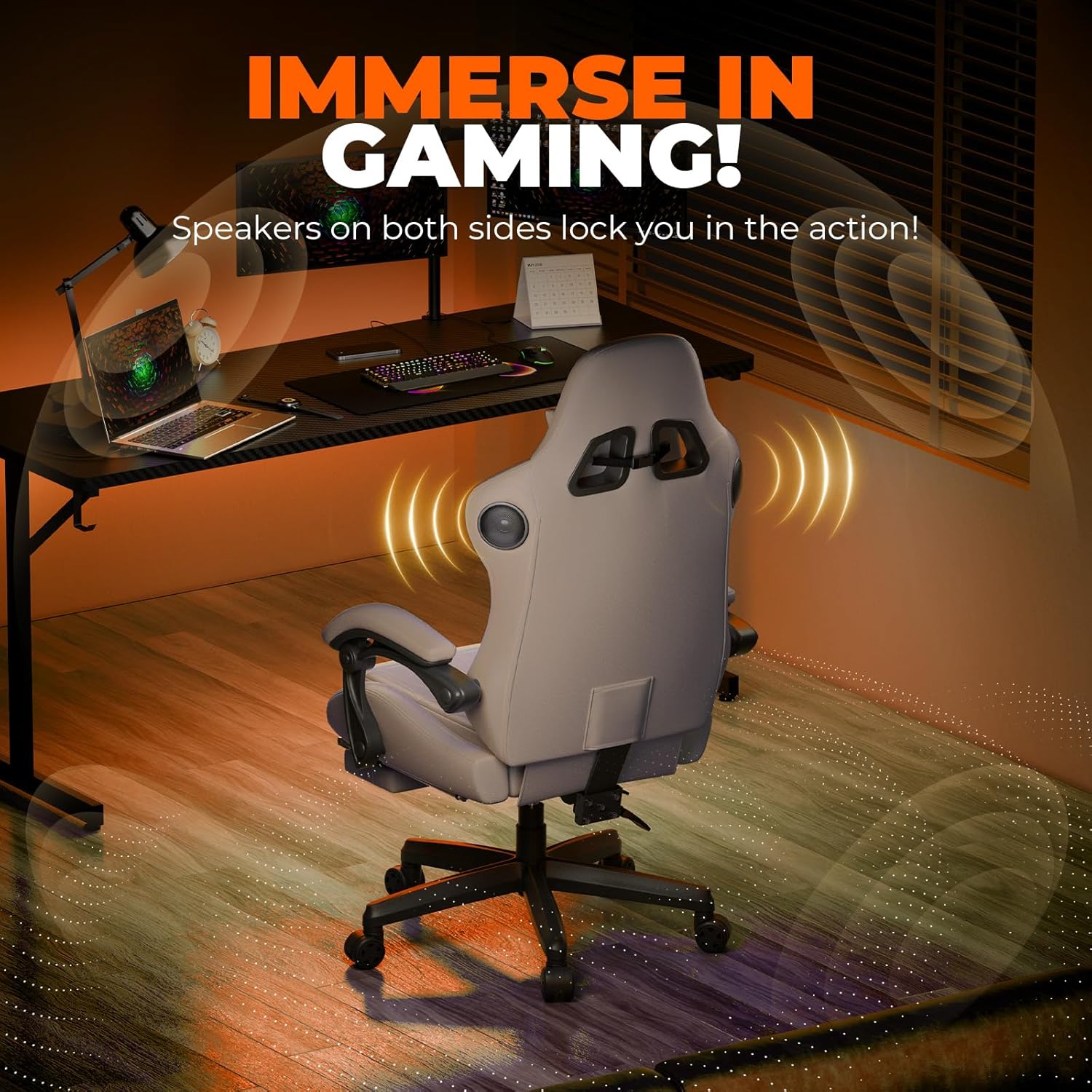 GTPLAYER ACE-PRO Music Gaming Chairs – Built-in Speakers, App Support & Bluetooth Control, Computer Game Chairs with Footrest for Adults, Ergonomic Reclining Silla, Linkage Armrest, Cream - Image 4