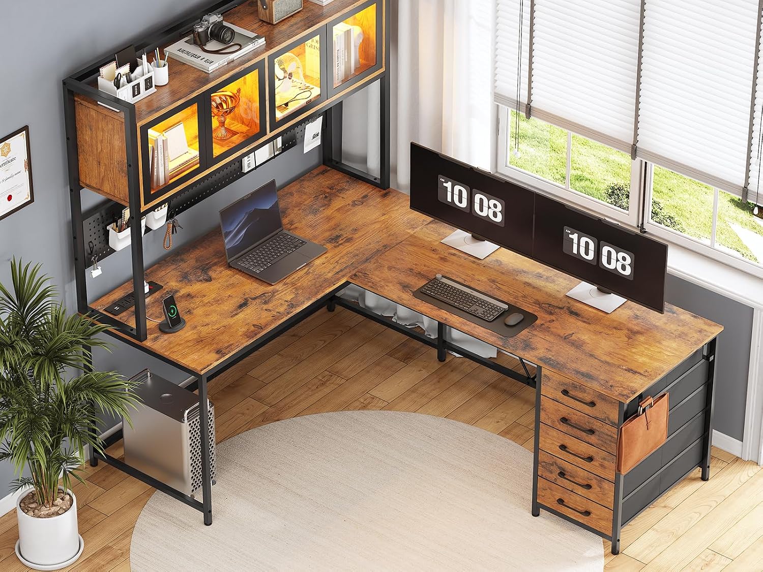 SEDETA L Shaped Gaming Desk with Drawers, L Shaped Computer Desk with Hutch and Storage Shelves, Gaming Desk with Pegboard, Led Lights, and Power Outlet, Home Office Desk, Corner Desk, Rustic Brown - Image 8