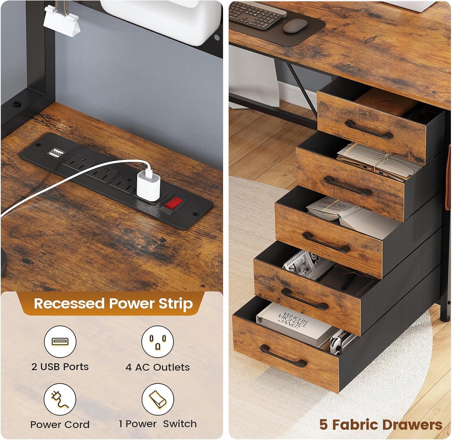 SEDETA L Shaped Gaming Desk with Drawers, L Shaped Computer Desk with Hutch and Storage Shelves, Gaming Desk with Pegboard, Led Lights, and Power Outlet, Home Office Desk, Corner Desk, Rustic Brown - Image 7