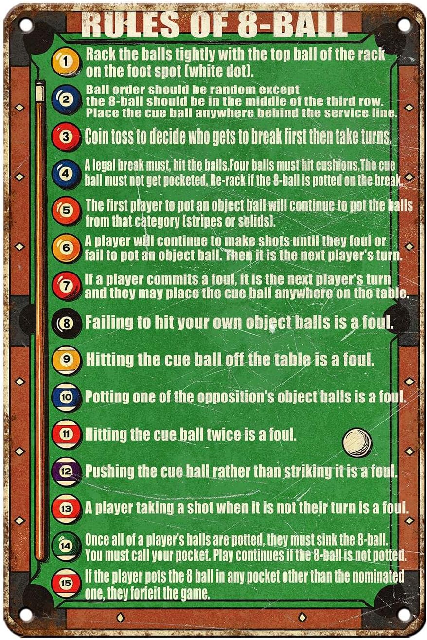 Vintage Pool Table Rules Tin Sign Retro Billiards Wall Decor for Game Room Man Cave Bar Pub Basement Funny Pool Hall Metal Poster Nostalgic Hanging Plaque 12 * 8In