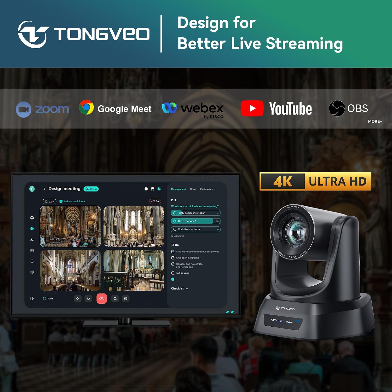 TONGVEO 4K AI PTZ Camera with Auto Tracking and 20X Optical Zoom, Conference Room Webcam with HDMI/USB3.0/LAN/PoE, Ideal for Church Worship, Zoom Meetings, Live Streaming and Education - Image 6
