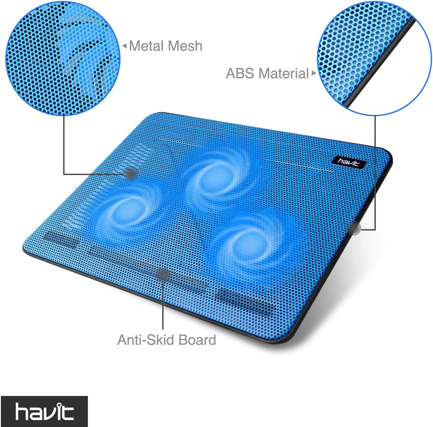 Havit HV-F2056 15.6-17 Inch Laptop Cooler Cooling Pad - Slim Portable USB Powered (3 Fans) (Blue) - Image 5