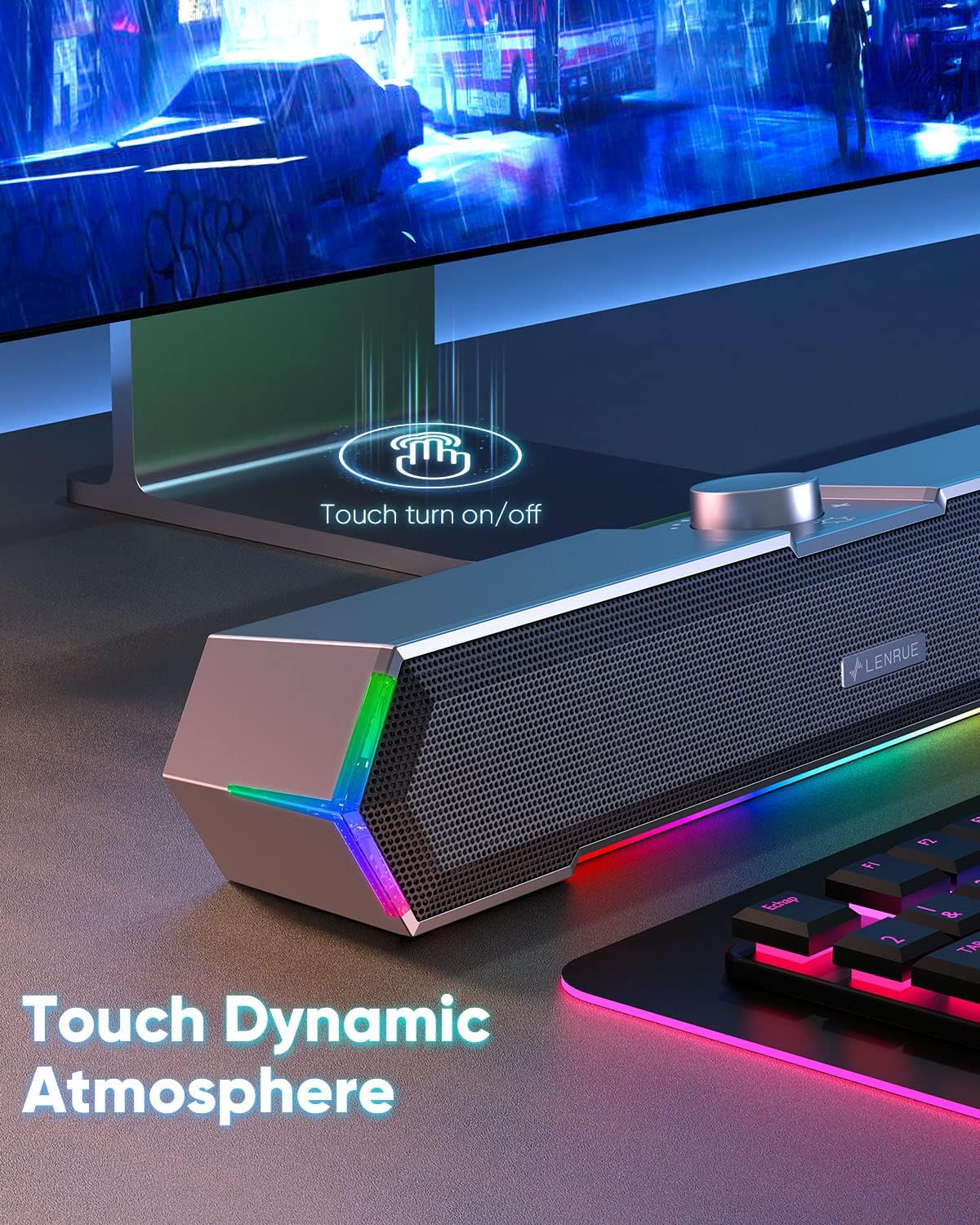 LENRUE G11 Computer Speakers for Desktop, Touch Lights PC Speakers with Surge Clear Sound, USB C/USB Powered, AUX Audio for Computer Desktop PC Laptop Desk - Image 3