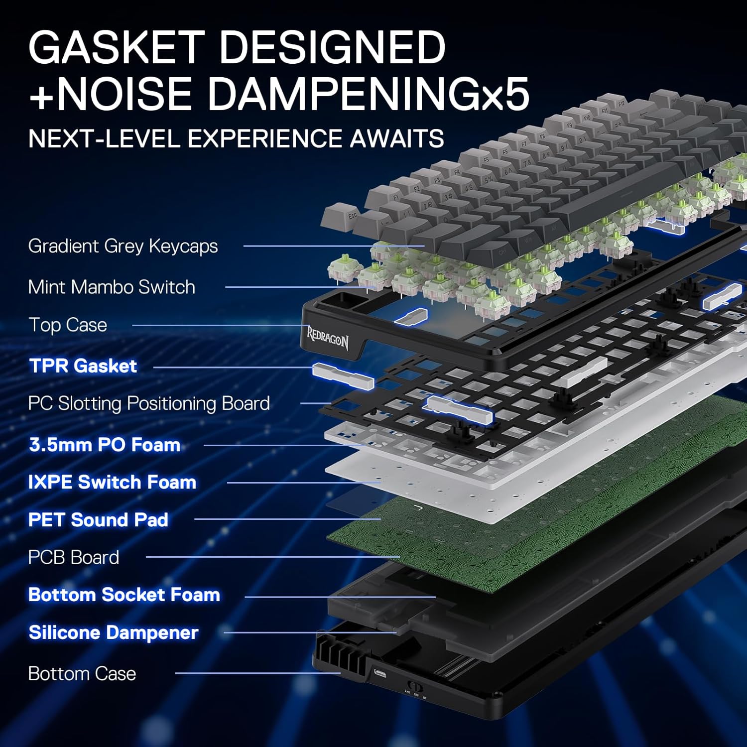 Redragon K673 GB 75% Wireless Gasket RGB Gaming Keyboard, 3-Modes 81 Keys PBT Compact Mechanical Keyboard w/Hot-Swap Socket, Dedicated Knob Control & 5-Layer Noise Dampening, Custom Linear Switch - Image 4