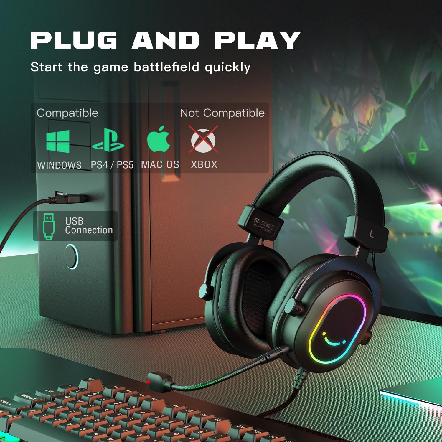 FIFINE Gaming Headset for PC-Wired Headphones with Microphone-7.1 Surround Sound Computer USB Headset for Laptop, Streaming Headphones on PS4/PS5, with EQ Mode, RGB, Soft Ear Pads - AmpliGame H6 - Image 6
