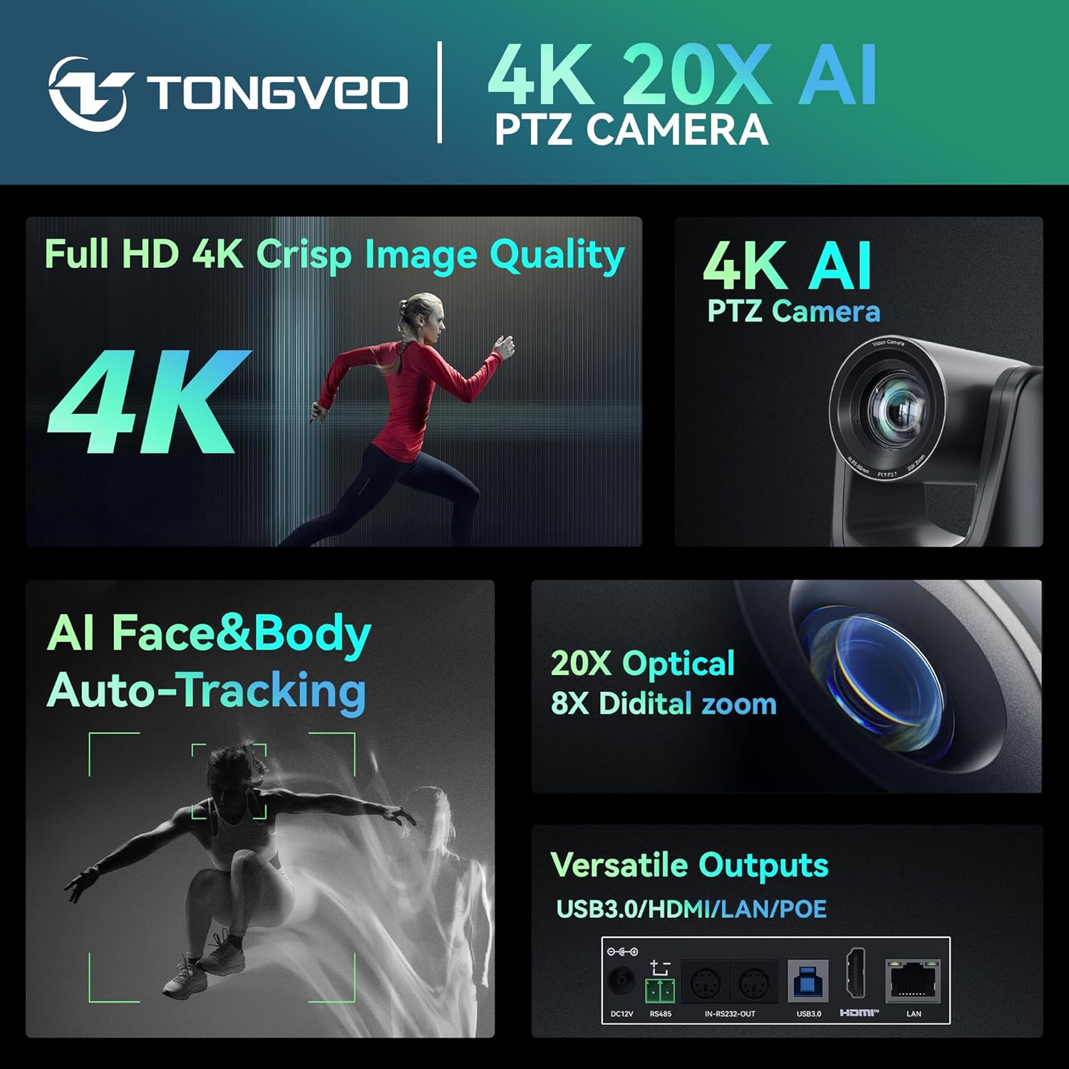 TONGVEO 4K AI PTZ Camera with Auto Tracking and 20X Optical Zoom, Conference Room Webcam with HDMI/USB3.0/LAN/PoE, Ideal for Church Worship, Zoom Meetings, Live Streaming and Education - Image 5