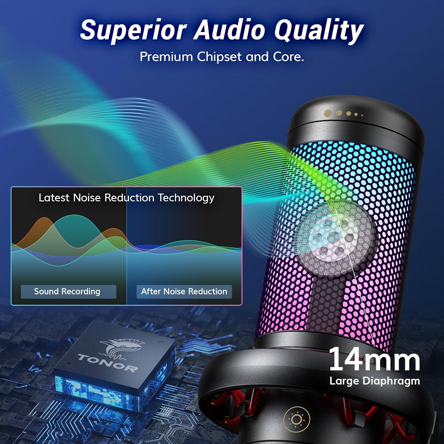 TONOR Gaming Microphone Set with Boom Arm, Vocal Condenser Microphone for PC with Stand, USB Mic with controllable RGB Light, One Tap Mute, Volume Control, for Discord, Twitch Streaming, TC310+ - Image 2