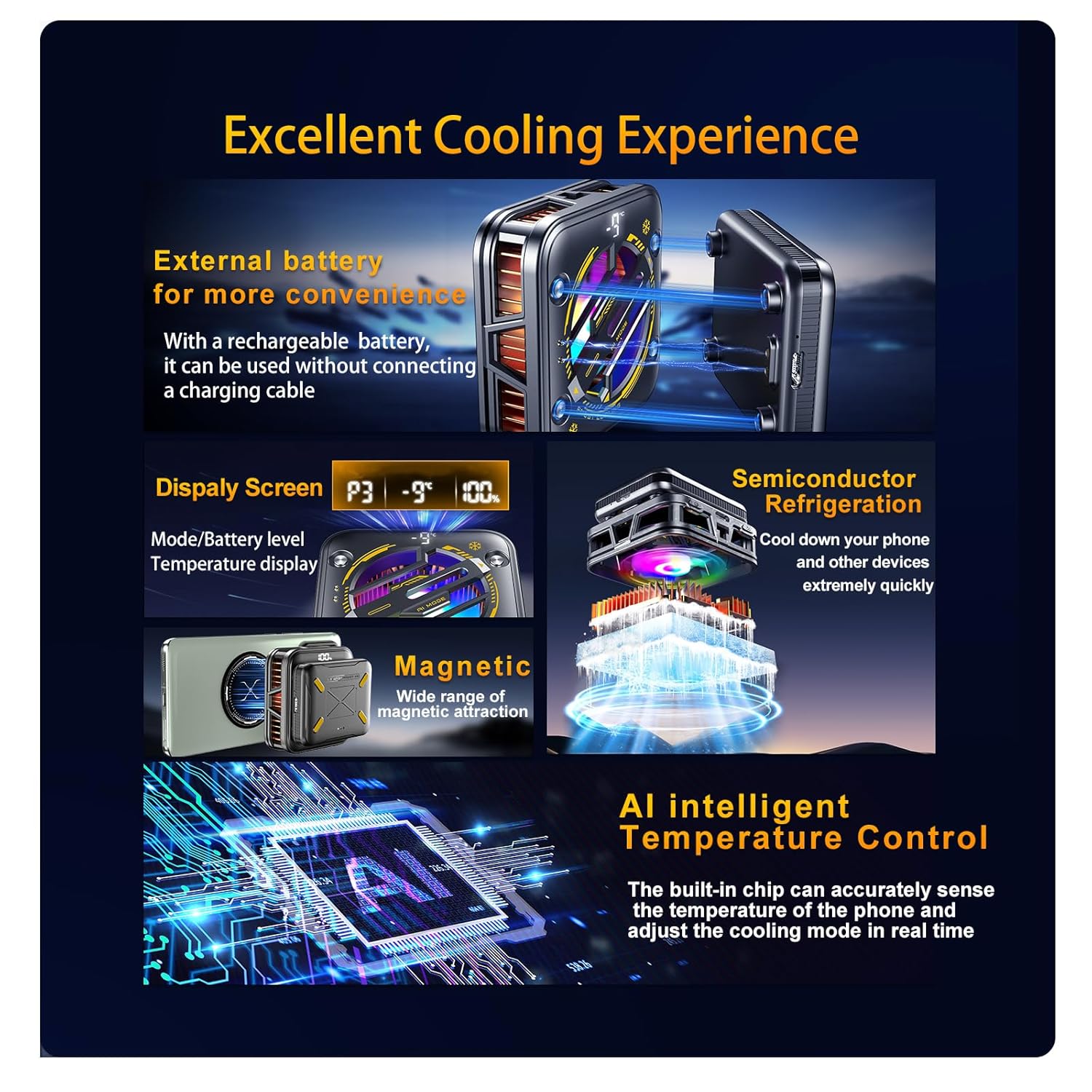 Magnetic Phone Cooler with Battery,Rechargeable Wireless Cooling Fan for iPhone/iPad,Phone Cooling Case Radiator Heatsink with RGB LED for iPhone MagSafe Series/Samsung/Android - Image 2