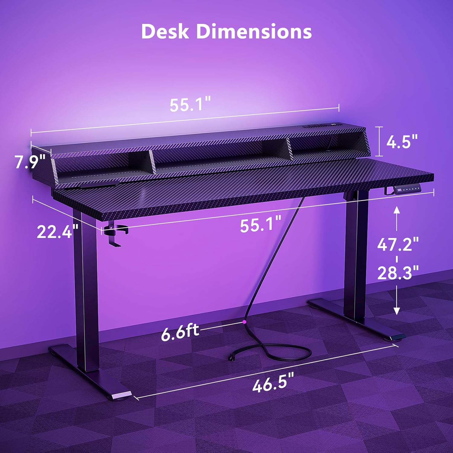 OffiGo Gaming Standing Desk with LED Light, 55 Inch Electric Height Adjustable Table with Power Outlet & Monitor Stand, Sit Stand Computer Workstation for Home, Bedroom, Black - Image 2