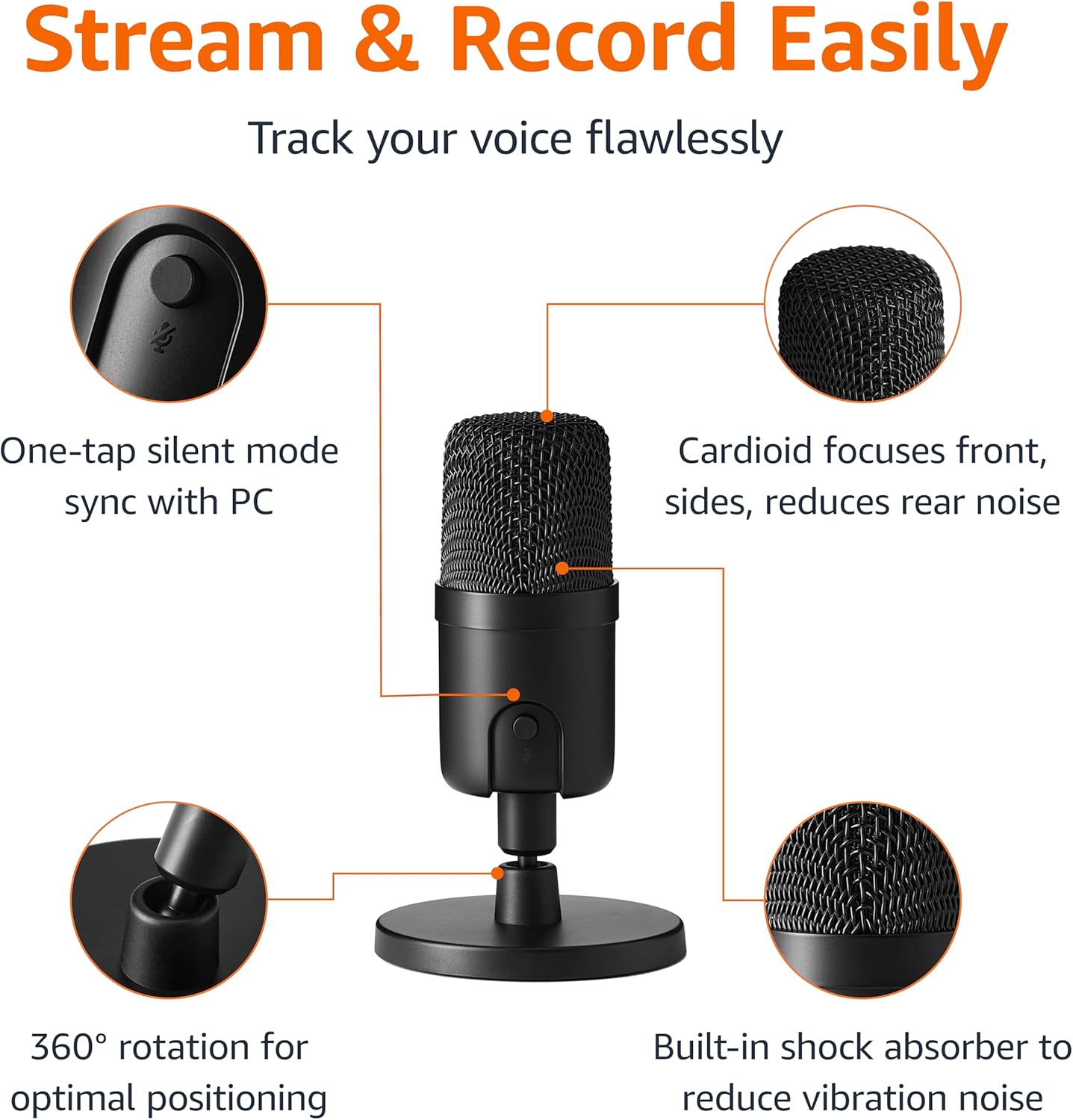 Amazon Basics Condenser Microphone for PC, Cardioid Pickup, USB Mic for Streaming, Recording, and Podcasting, 360° Adjustable Stand, Plug and Play, 5.8" x 3.4", Black - Image 2