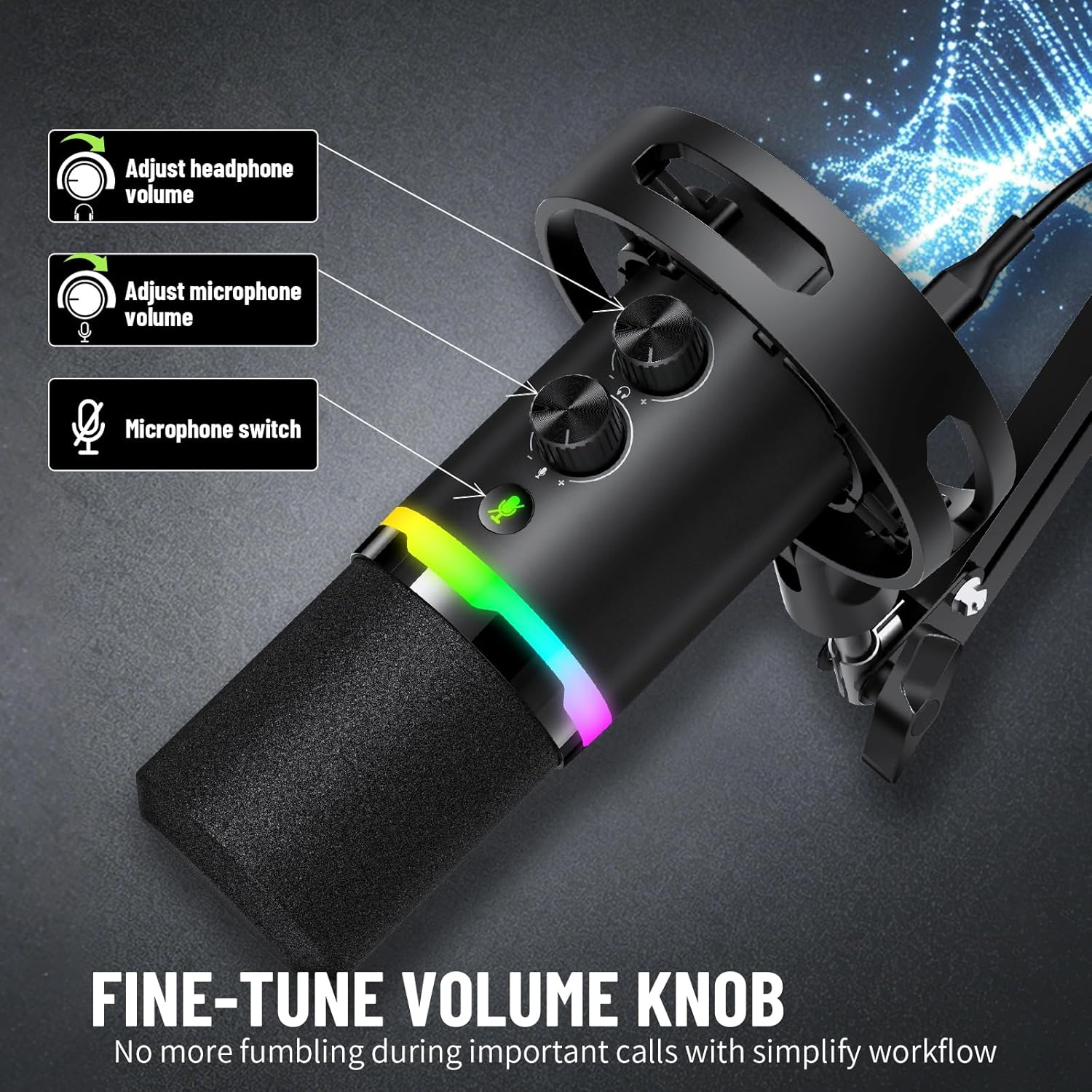 Gaming Microphone Kit for Streaming & Podcast, Dynamic RGB PC Mic with USB/XLR Cable, Boom Arm Stand, Mute Button, Headphone Jack, Ideal for Vocals, Voice-Over & Zoom Calls/Teams Meetings. - Image 4