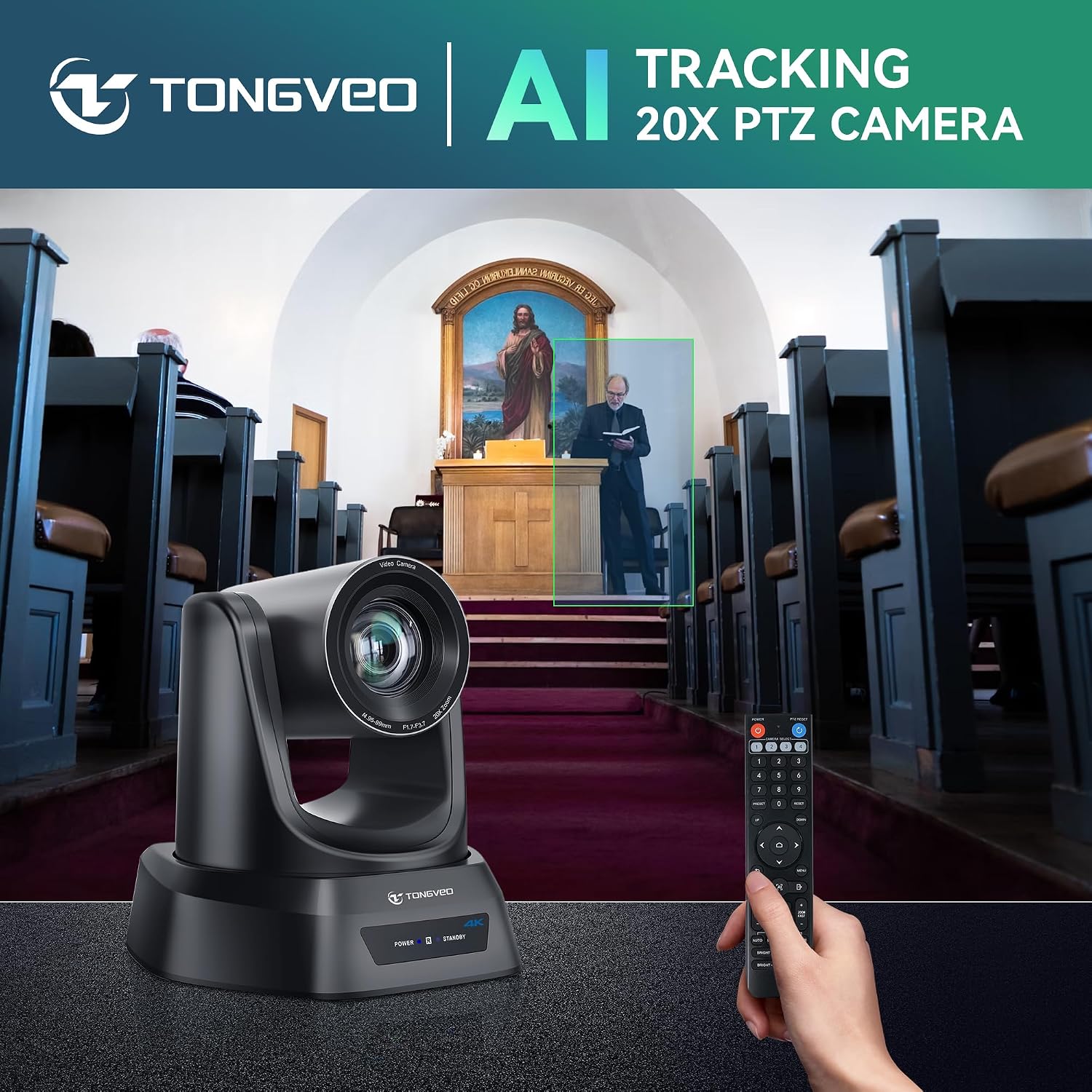 TONGVEO 4K AI PTZ Camera with Auto Tracking and 20X Optical Zoom, Conference Room Webcam with HDMI/USB3.0/LAN/PoE, Ideal for Church Worship, Zoom Meetings, Live Streaming and Education - Image 2