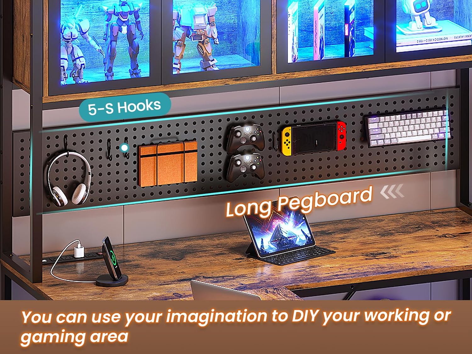SEDETA L Shaped Gaming Desk with Drawers, L Shaped Computer Desk with Hutch and Storage Shelves, Gaming Desk with Pegboard, Led Lights, and Power Outlet, Home Office Desk, Corner Desk, Rustic Brown - Image 4