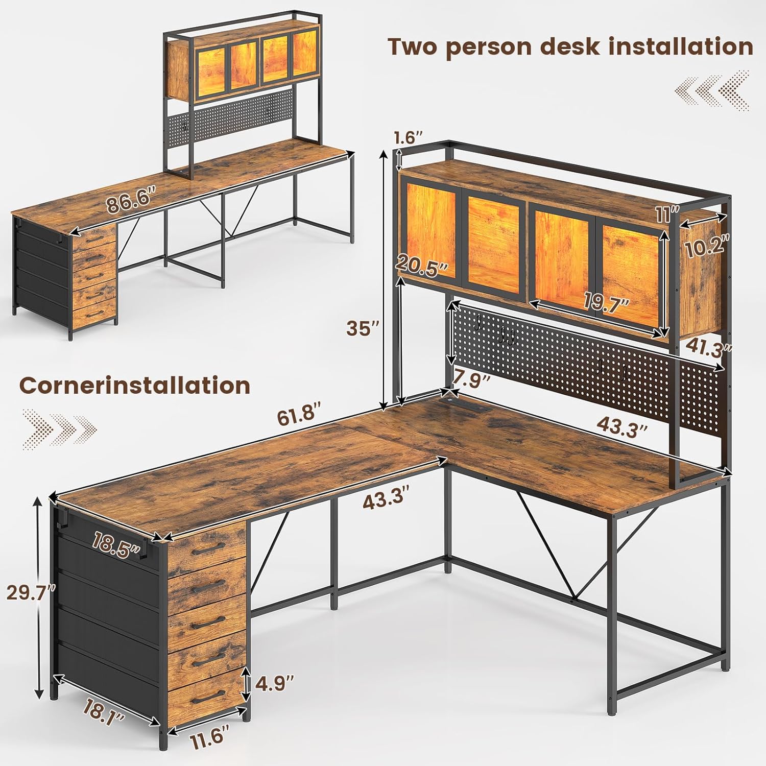 SEDETA L Shaped Gaming Desk with Drawers, L Shaped Computer Desk with Hutch and Storage Shelves, Gaming Desk with Pegboard, Led Lights, and Power Outlet, Home Office Desk, Corner Desk, Rustic Brown - Image 3