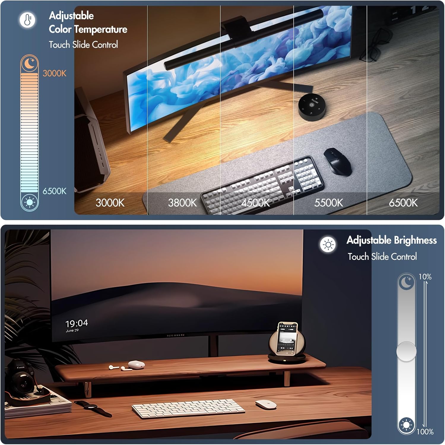Quntis Monitor Light Bar with Remote, Fit for Curved Monitors/Camera Base, Eye-Care Computer Screen Light Bar, Auto-Dimming Dimmable Work Office Gaming Desk Lamp, Gray - Image 2