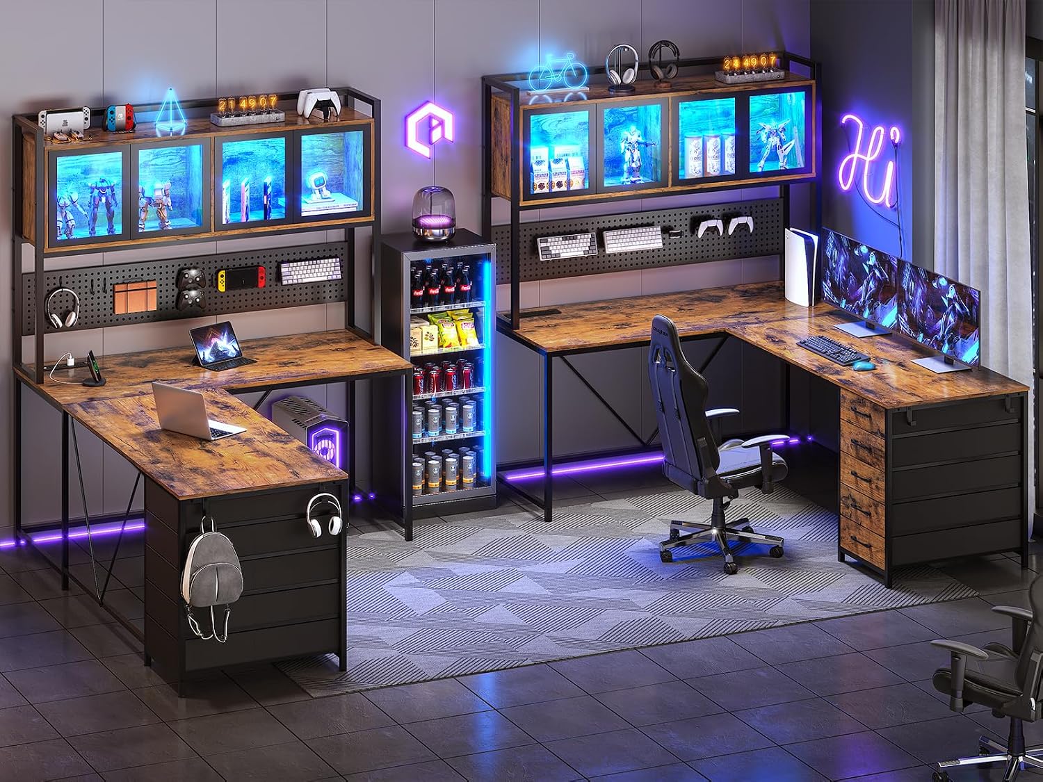 SEDETA L Shaped Gaming Desk with Drawers, L Shaped Computer Desk with Hutch and Storage Shelves, Gaming Desk with Pegboard, Led Lights, and Power Outlet, Home Office Desk, Corner Desk, Rustic Brown - Image 2