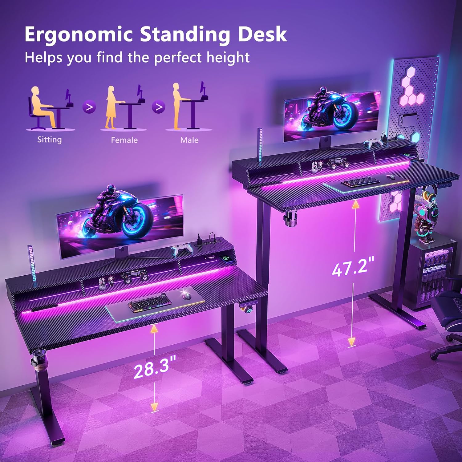 OffiGo Gaming Standing Desk with LED Light, 55 Inch Electric Height Adjustable Table with Power Outlet & Monitor Stand, Sit Stand Computer Workstation for Home, Bedroom, Black - Image 7