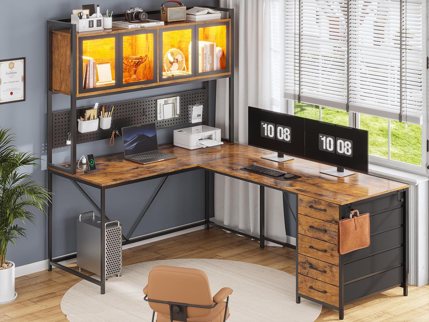 SEDETA L Shaped Gaming Desk with Drawers, L Shaped Computer Desk with Hutch and Storage Shelves, Gaming Desk with Pegboard, Led Lights, and Power Outlet, Home Office Desk, Corner Desk, Rustic Brown - Image 9