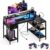DUMOS 47″ Gaming Desk with USB Charging Ports & LED Lights, Reversible L-Shaped Corner Computer Table for Small Spaces, Power Outlets, Monitor Stand & Storage Shelves Included, Black